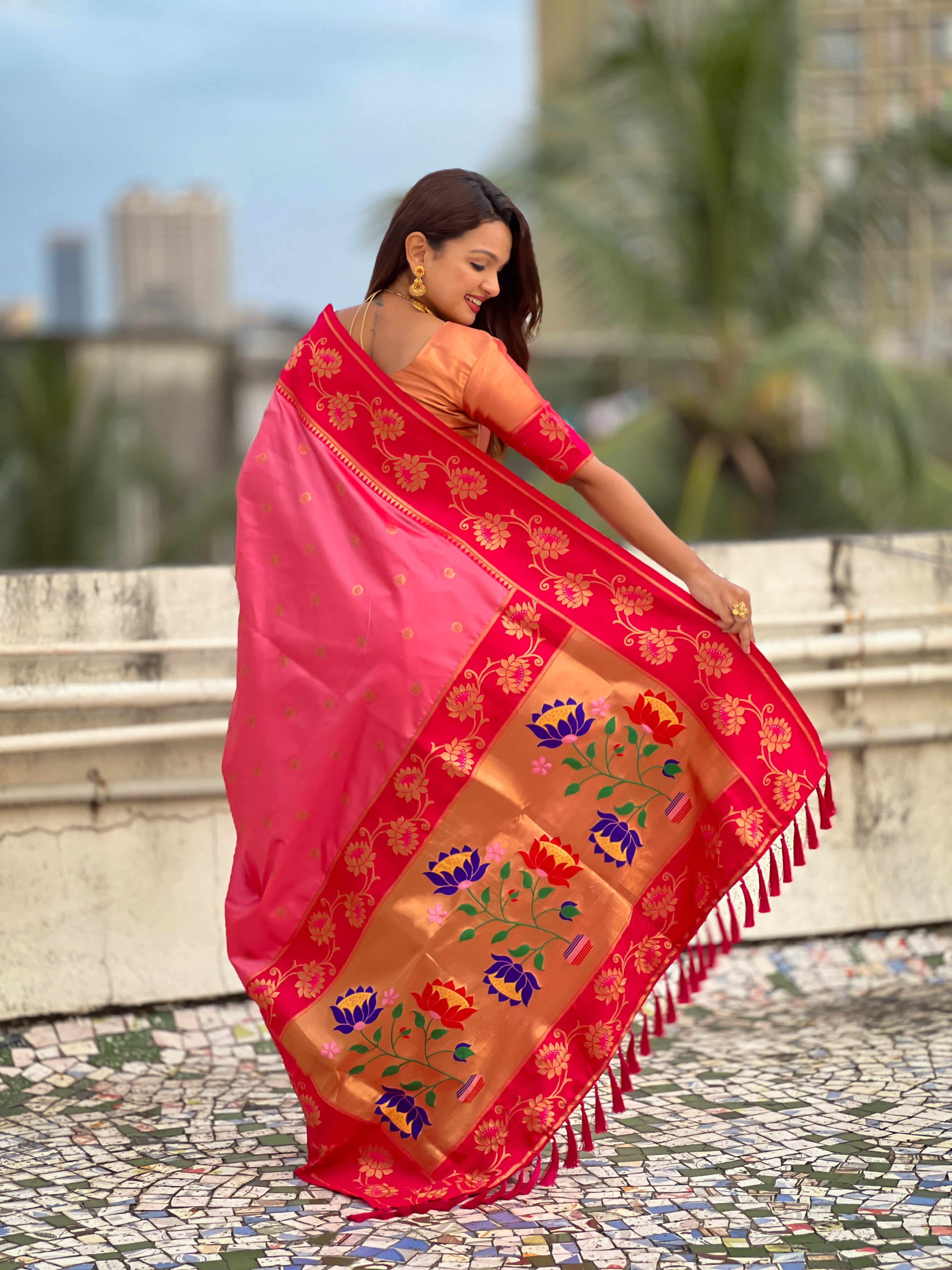 Aabha Powerloom Paithani Silk (Baby Pink) Ready To Wear Pocket Saree