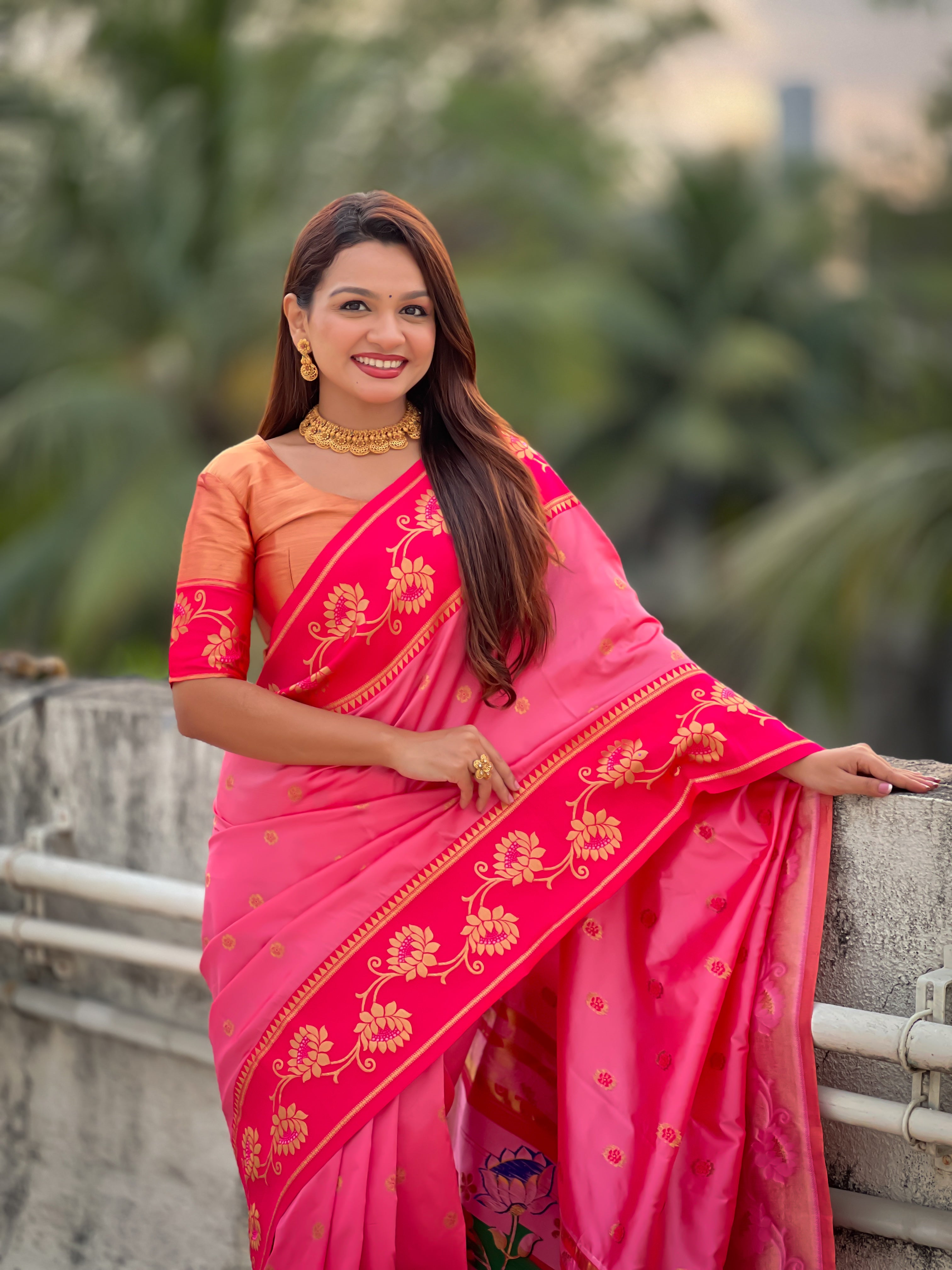 Aabha Powerloom Paithani Silk (Baby Pink) Ready To Wear Pocket Saree