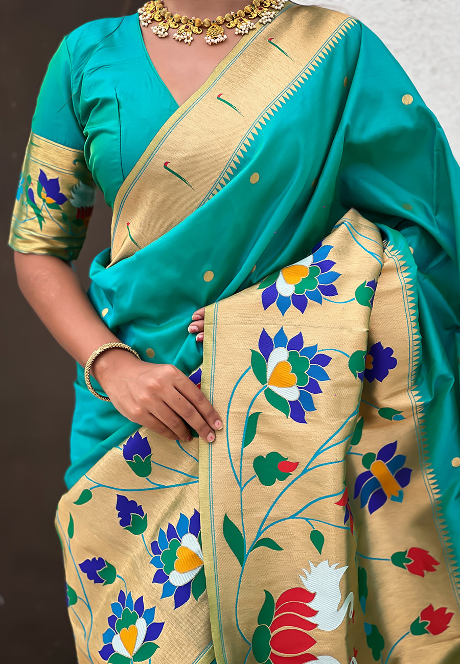 Utsav Umang Powerloom Paithani Silk Ready To Wear Pocket Saree | Teal