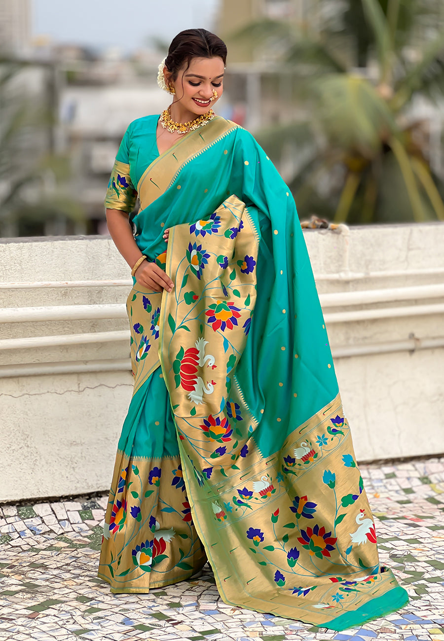 Utsav Umang Powerloom Paithani Silk Ready To Wear Pocket Saree | Teal
