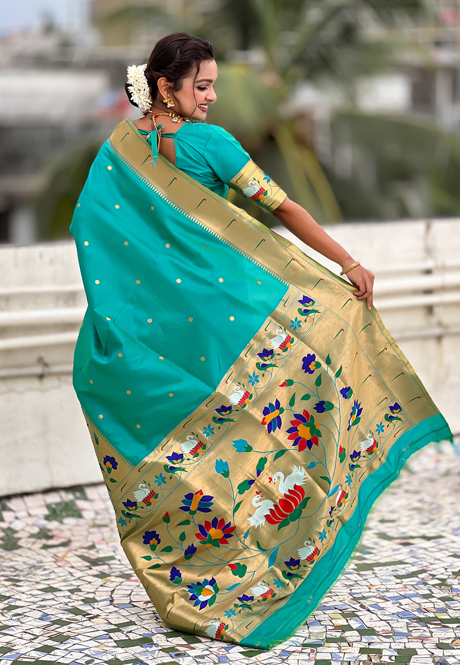 Utsav Umang Powerloom Paithani Silk Ready To Wear Pocket Saree | Teal