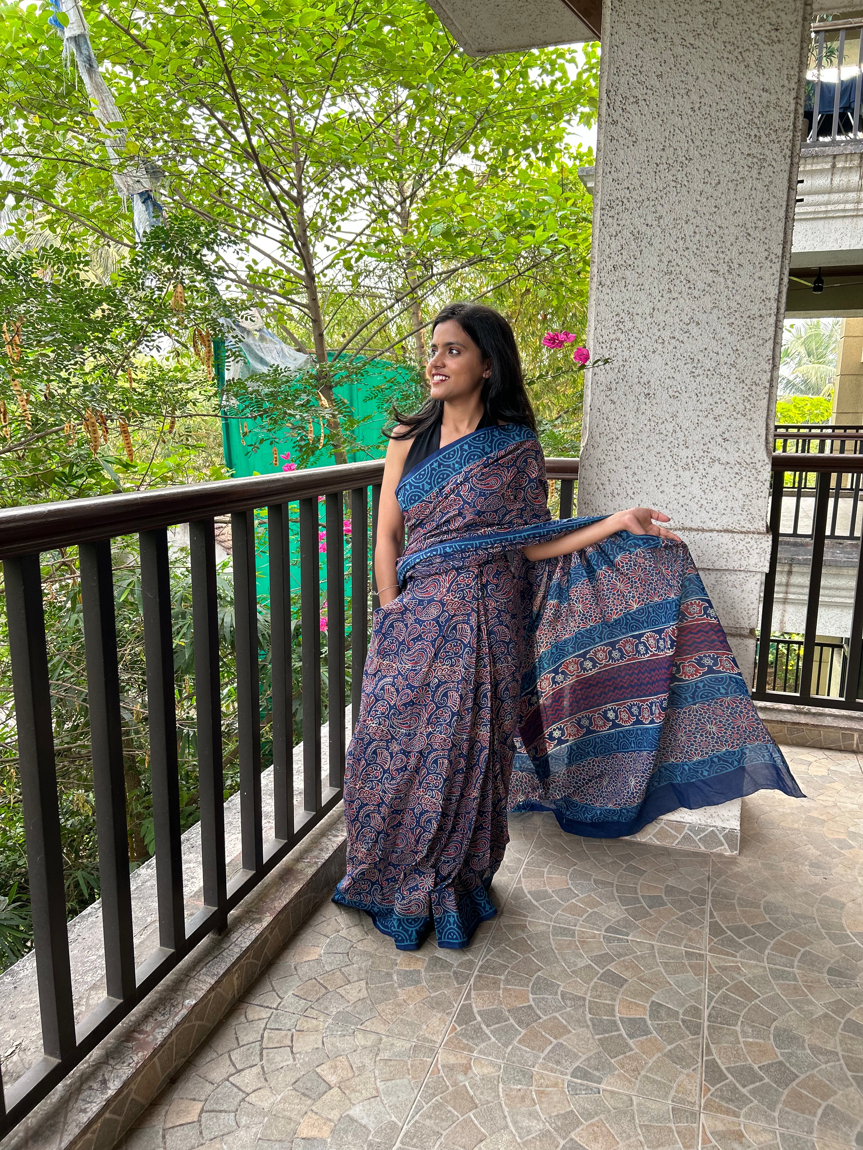 Enchanted Forest Mul Cotton Hand Block Printed Ready To Wear  Pocket Saree - Aseem Shakti