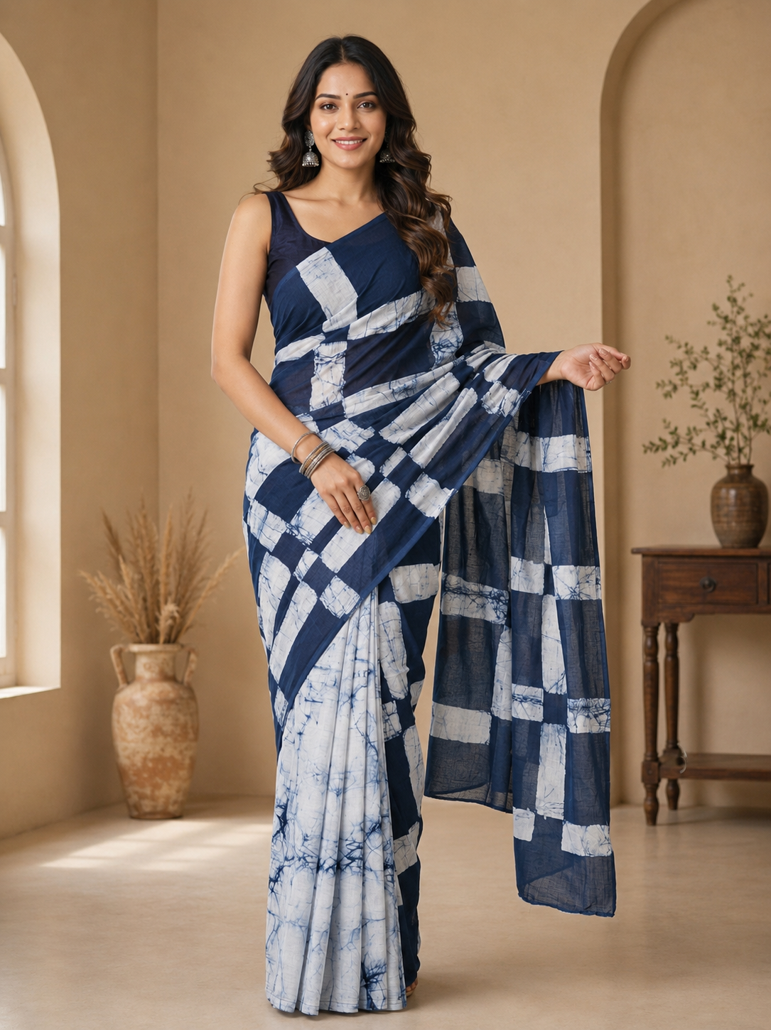 Navy Grid  Mul Cotton Ready To Wear Pocket Saree