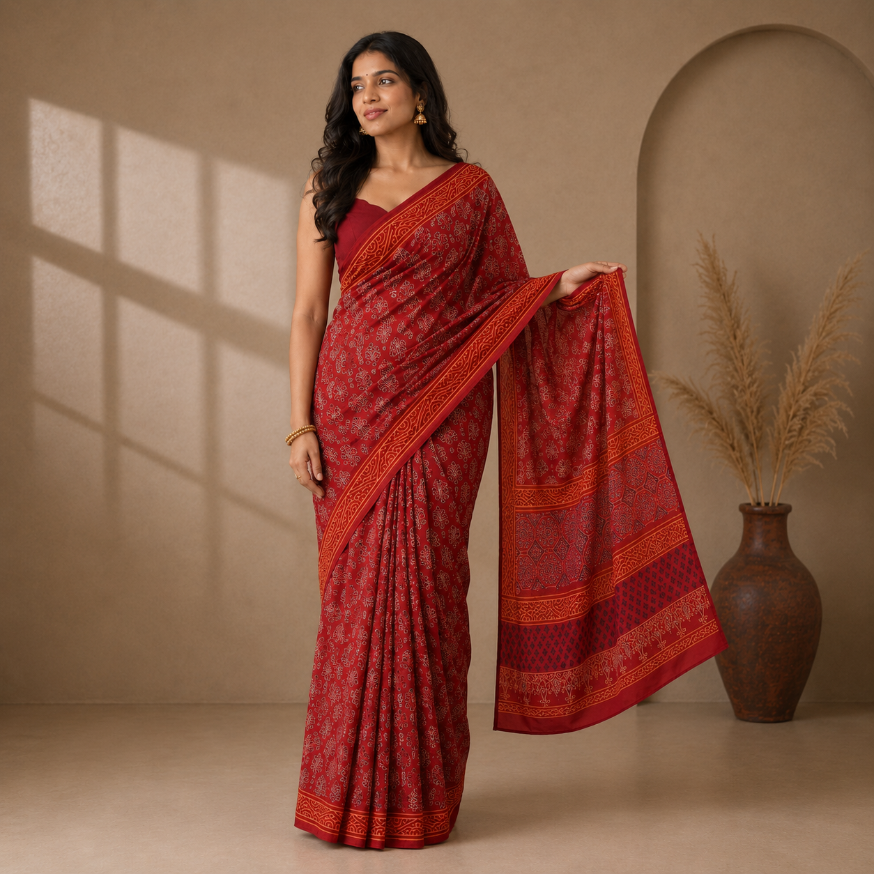 Rhubarb Red Hand Block Print Ready-to-Wear Pocket Saree