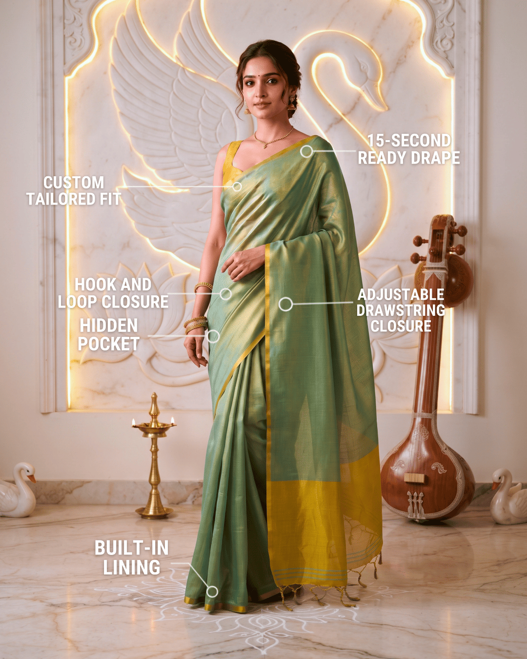 Feature infographic of the green luminous glow tissue silk ready to wear pocket saree.