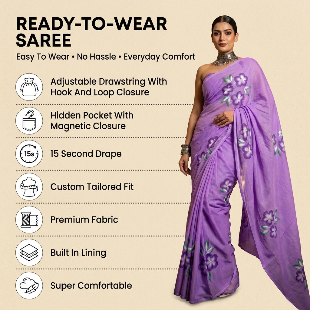 Infographic image showing the features of the floral drift lavender ready to wear pocket saree