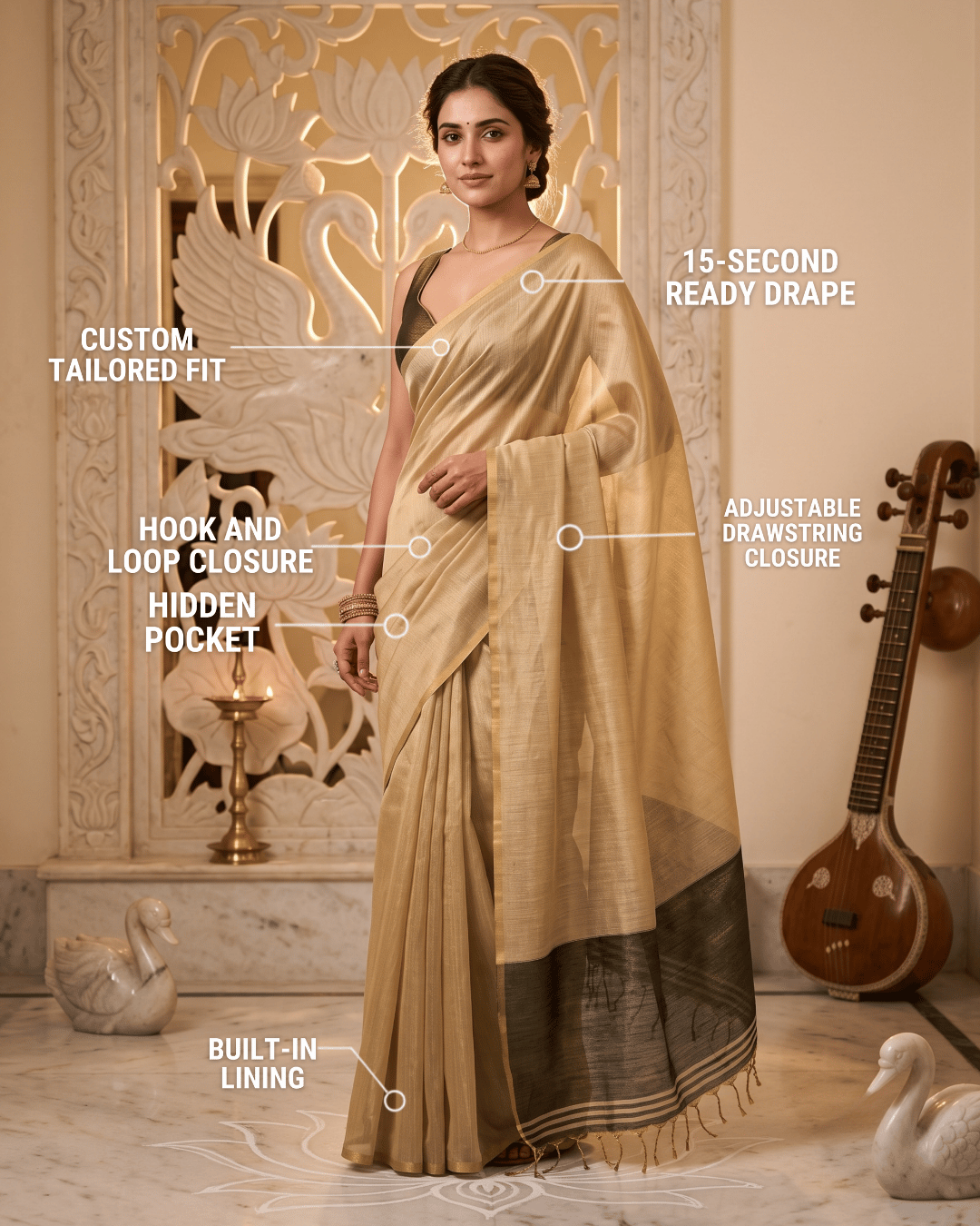 Infographic image highlighting the features of the gold Luminous Glow Tissue Silk Ready To Wear Pocket Saree.