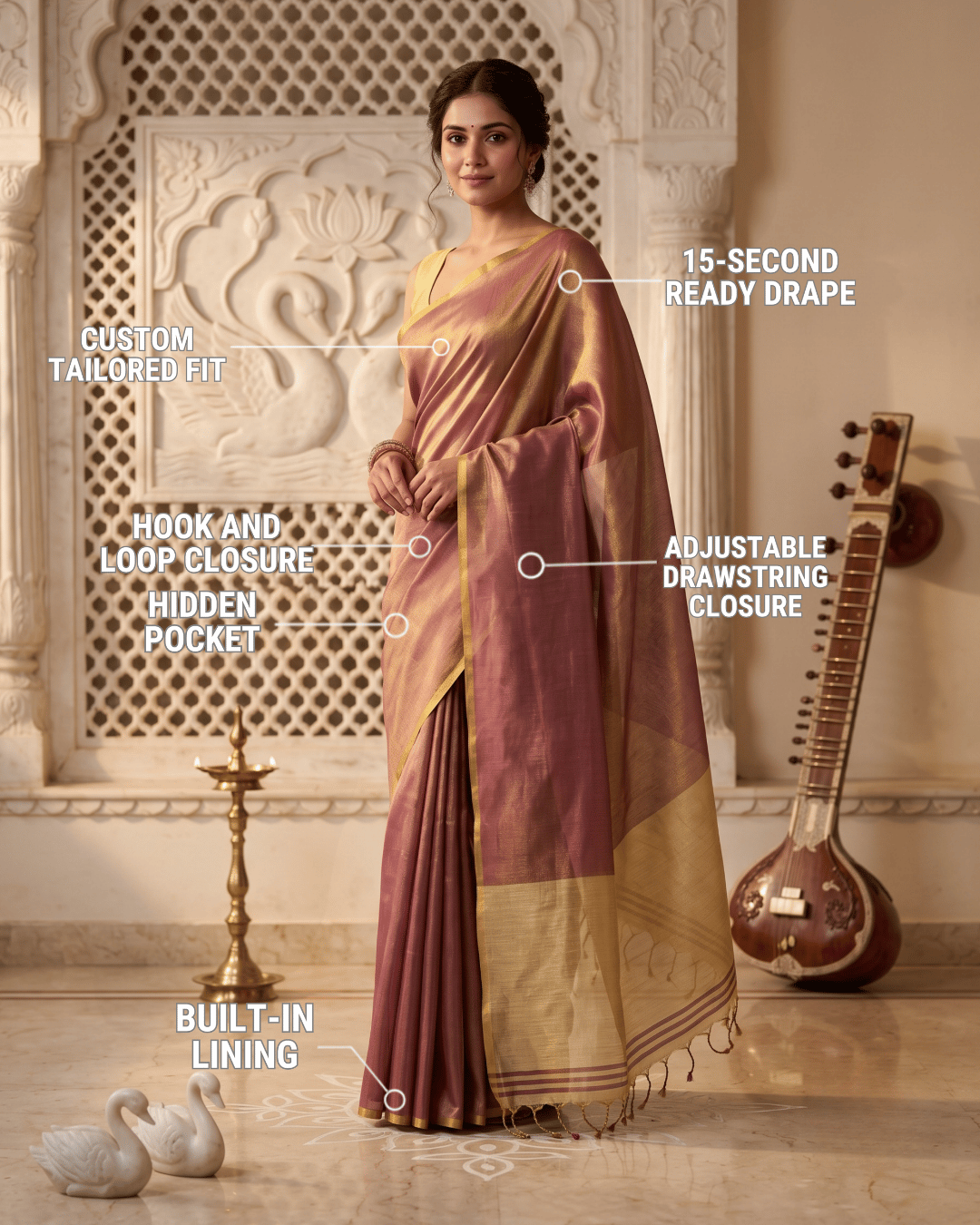 Feature infographic of the luminous glow tissue silk ready to wear pocket saree in rose.