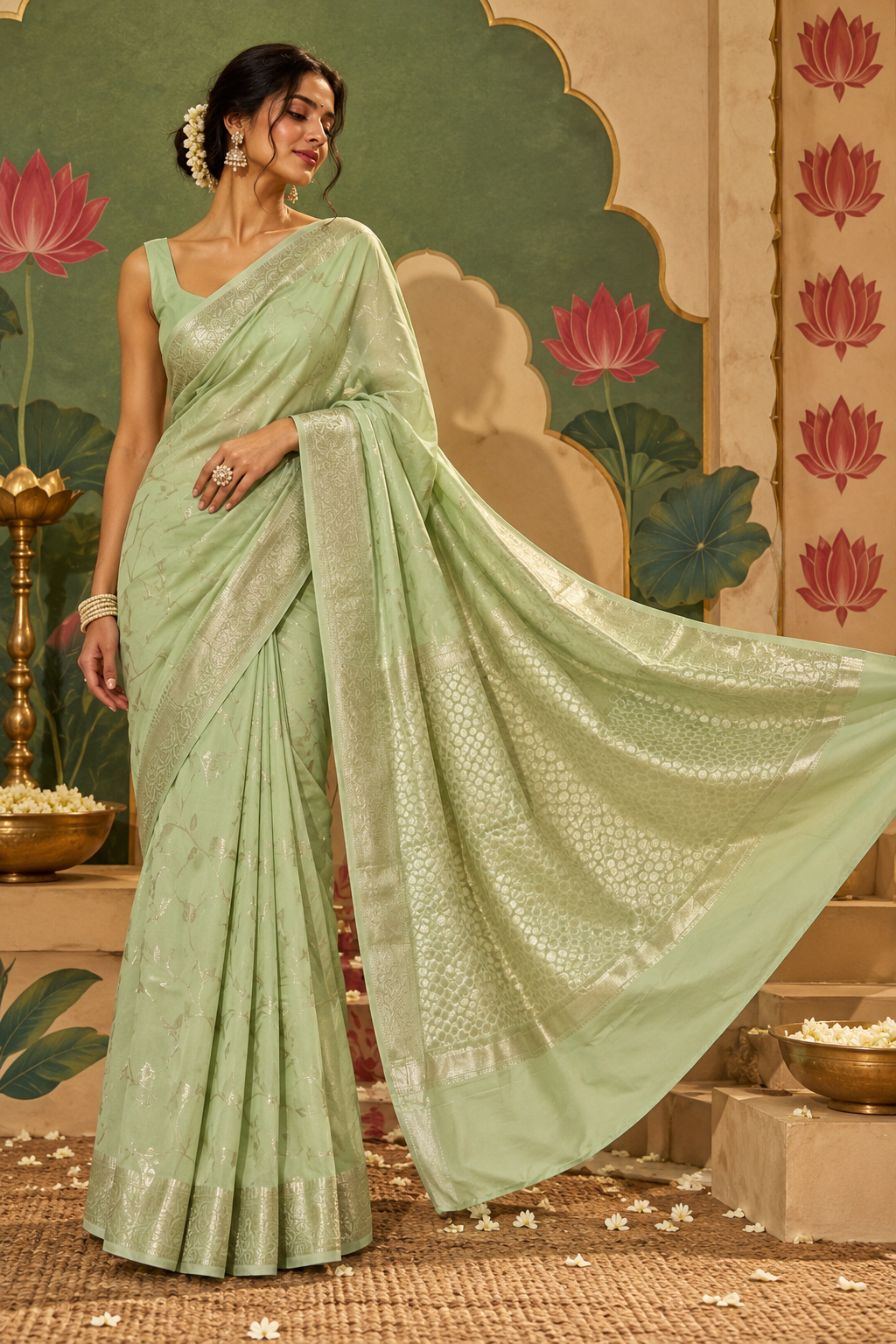 Full-length shot of a model in the Jaal Tarang soft pastel green Katan silk ready-to-wear pocket saree, showcasing pre-stitched pleats, woven vine motifs, and an elaborate woven jaal pallu.