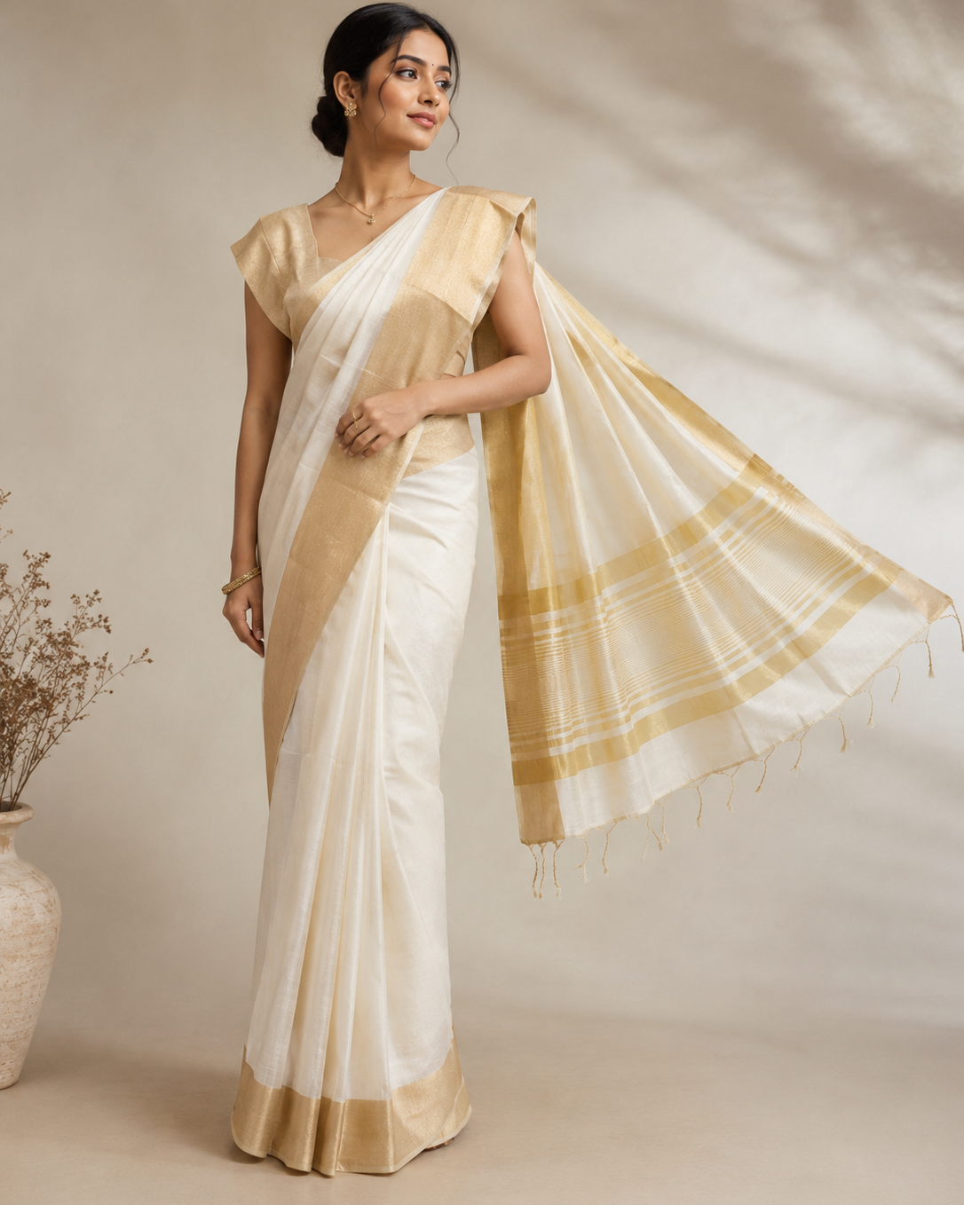 Ivory Silk Cotton ready-to-wear pocket saree with a broad soft-golden zari border and striped pallu.