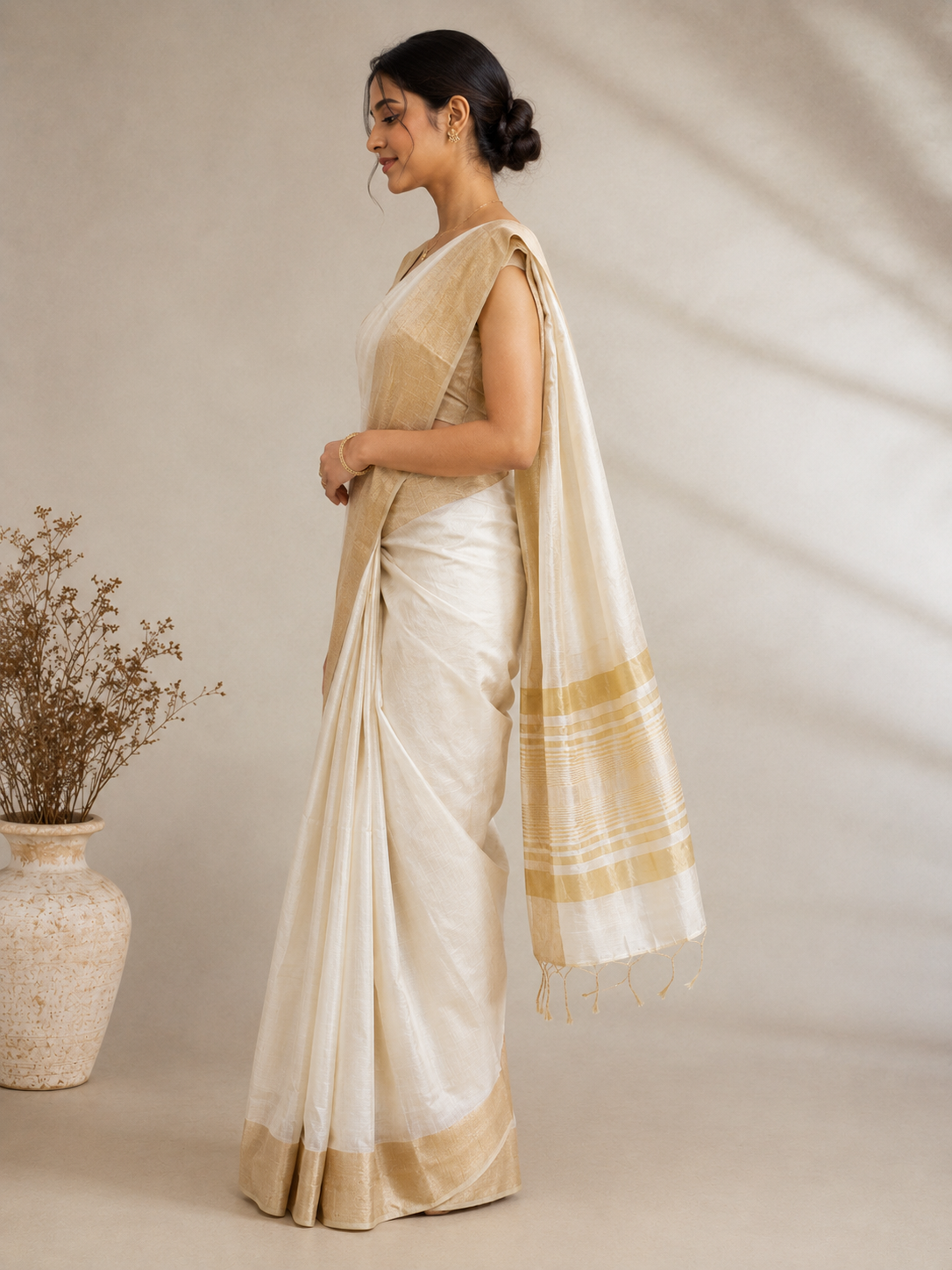 Model wearing an ivory Silk Cotton ready-to-wear pocket saree with a broad golden zari border and elegant striped pallu.