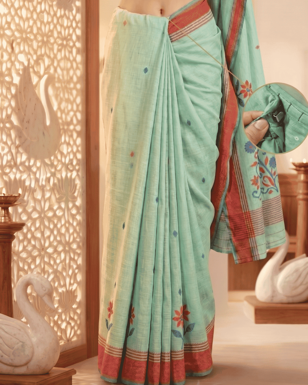 Closeup of the hook and loop closure and the seamless waistband in the linen mint green pre-drapred saree with pocket.