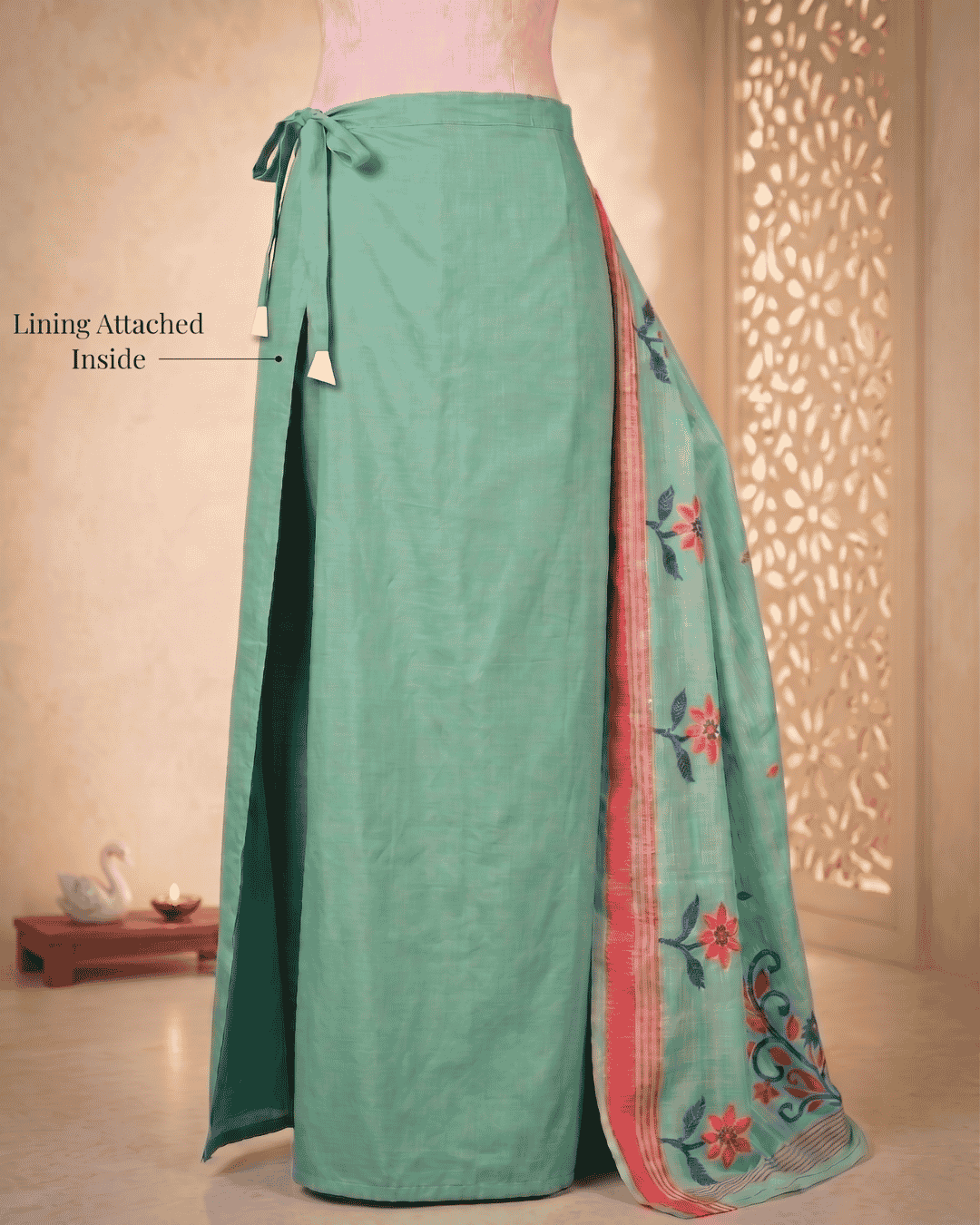Mint green linen ready to wear pocket saree with a matching lining.