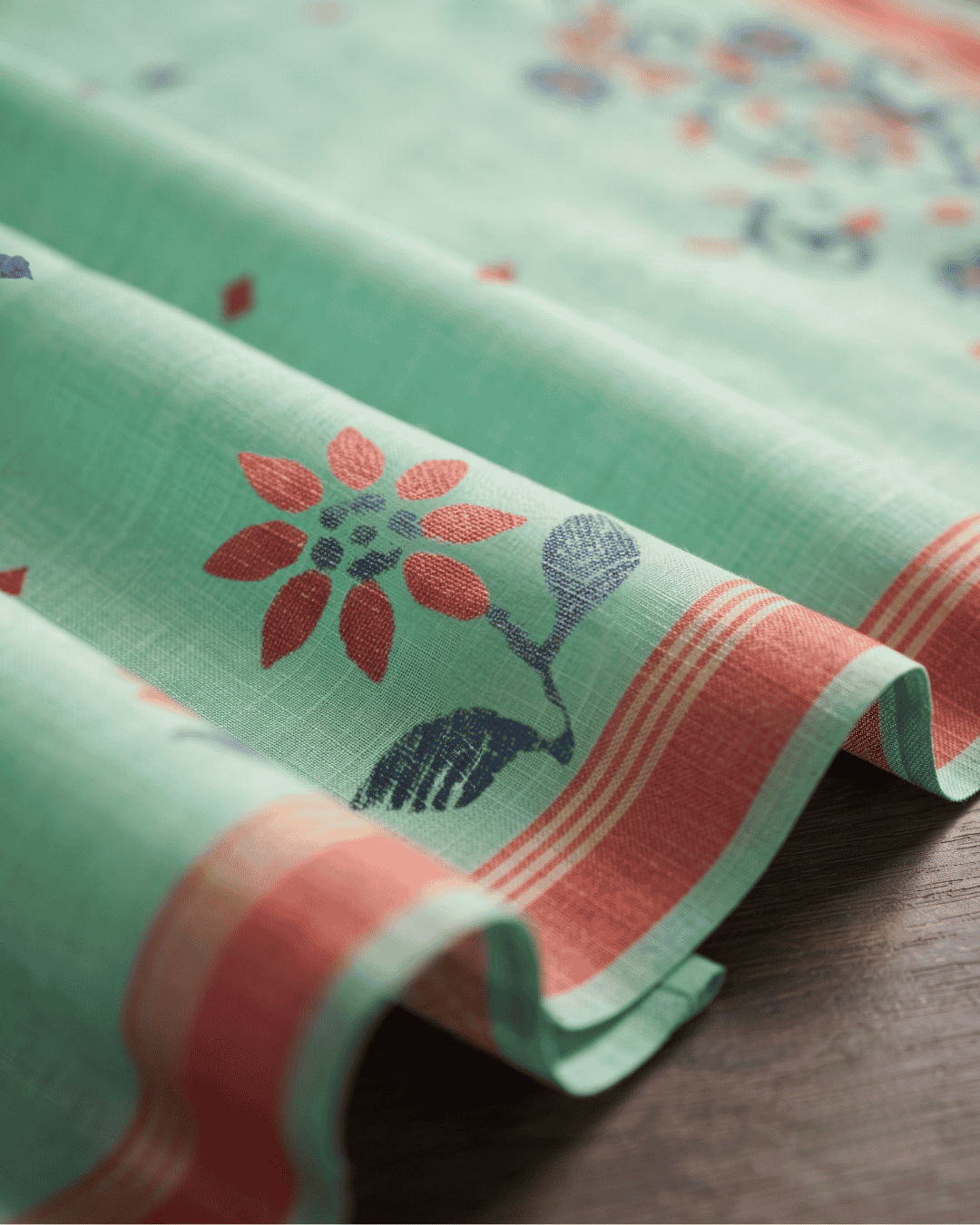 Close-up of linen pre-draped pocket saree fabric showing floral weaving in red and blue with a contrasting striped border