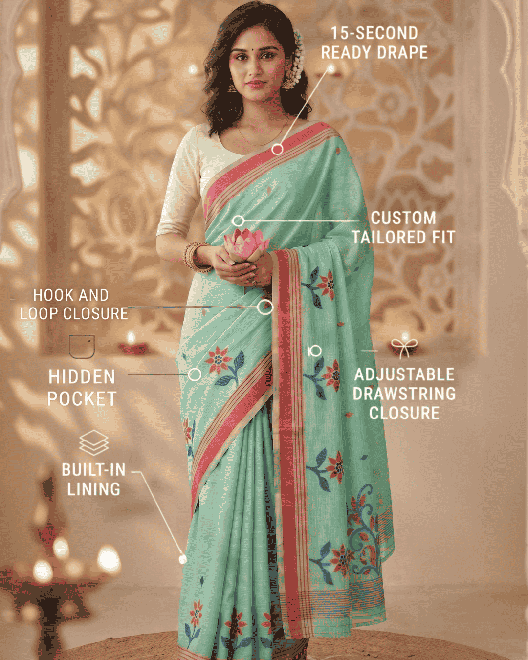 Mint green saree with floral prints and a red border, overlaid with feature callout labels such as '15-SECOND READY DRAPE,' 'CUSTOM TAILORED FIT,' 'HOOK AND LOOP CLOSURE,' 'HIDDEN POCKET,' 'BUILT-IN LINING,' and 'ADJUSTABLE DRAWSTRING CLOSURE.'