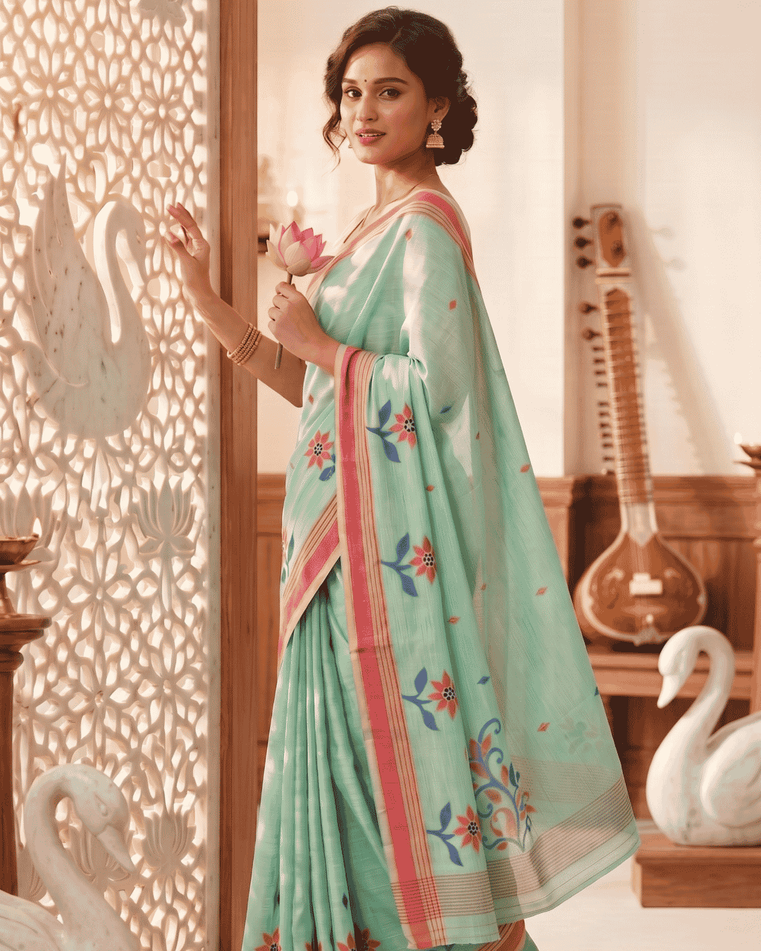Linen floral weave ready-to-wear pocket saree with mint green body, red border and floral motifs