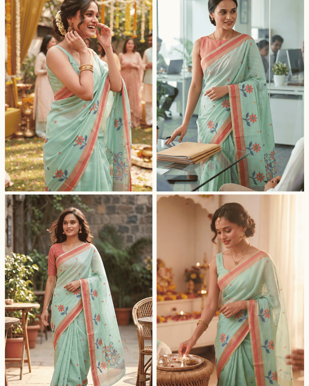 A four-panel collage showing a woman wearing the mint green ready-to-wear saree with pocket in different indoor and outdoor settings.