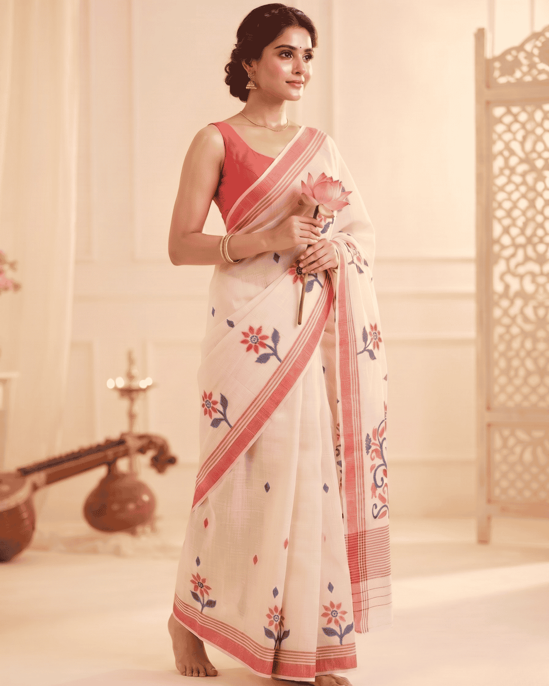 Linen pre-draped pocket saree with red and blue floral motifs and geometric details.