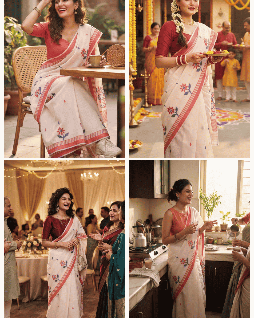 A four-panel collage showing a woman wearing the ivory ready-to-wear pocket saree with red floral motifs in various settings.