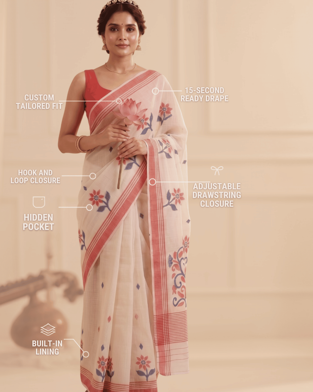 A woman in an ivory ready-to-wear pocket saree with red and blue floral patterns and a red border. The image features text callouts highlighting product features like 'Custom Tailored Fit', '15-Second Ready Drape', ' Hook and loop closure', Adjustable drawstring closure', 'Hidden pocket', and 'Built-In Lining'.
