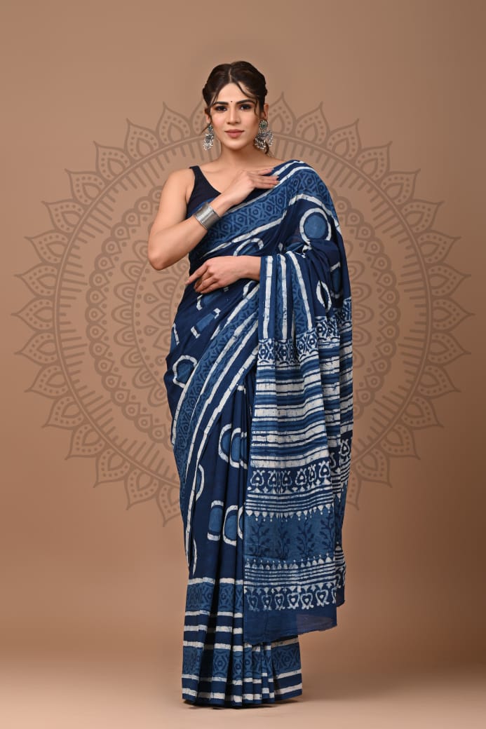 Lunar Swirls Indigo Mul Cotton Ready to Wear Pocket Saree