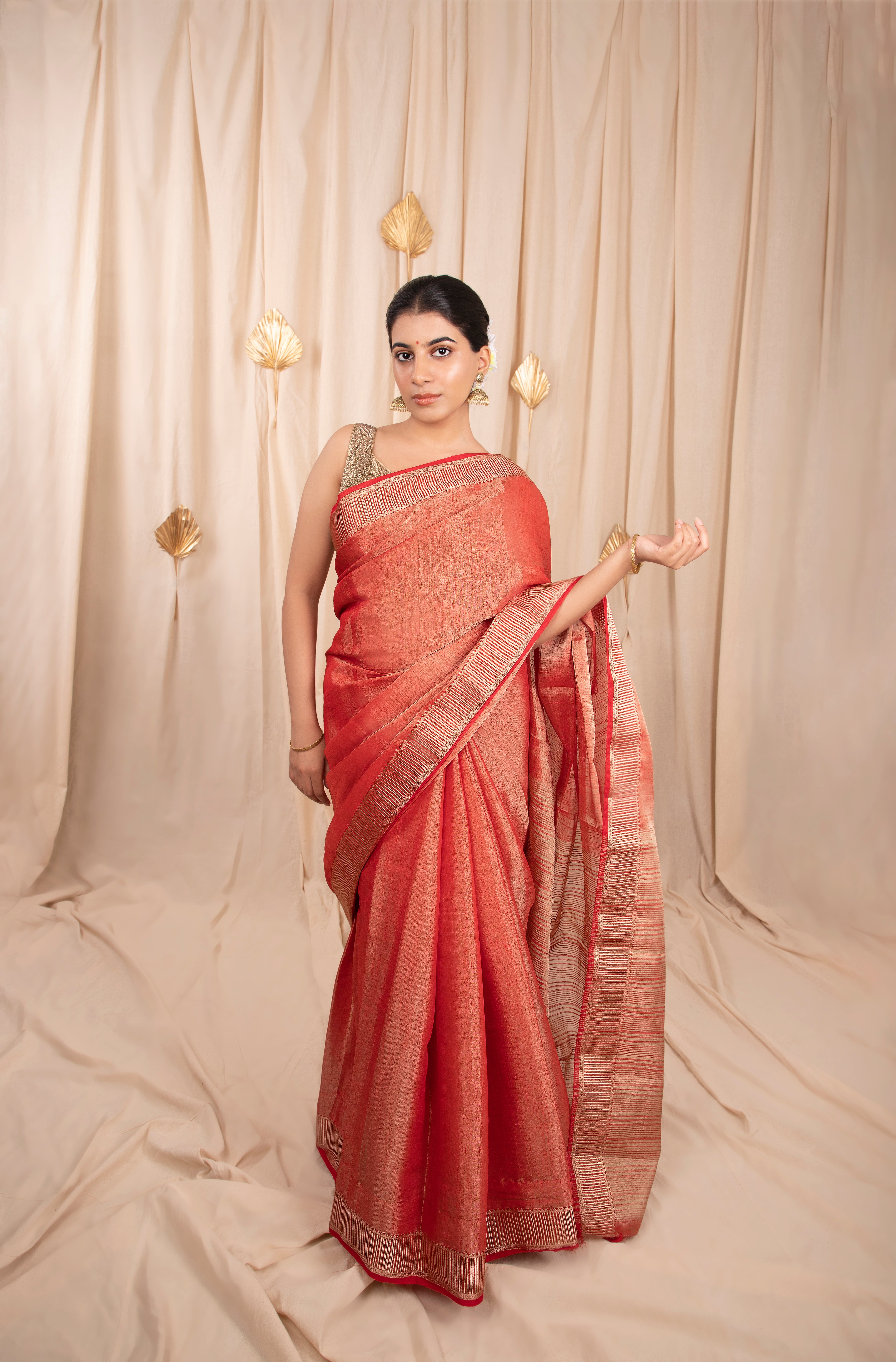 Auspicious Attire Linen Tissue Ready-to-wear Pocket Saree
