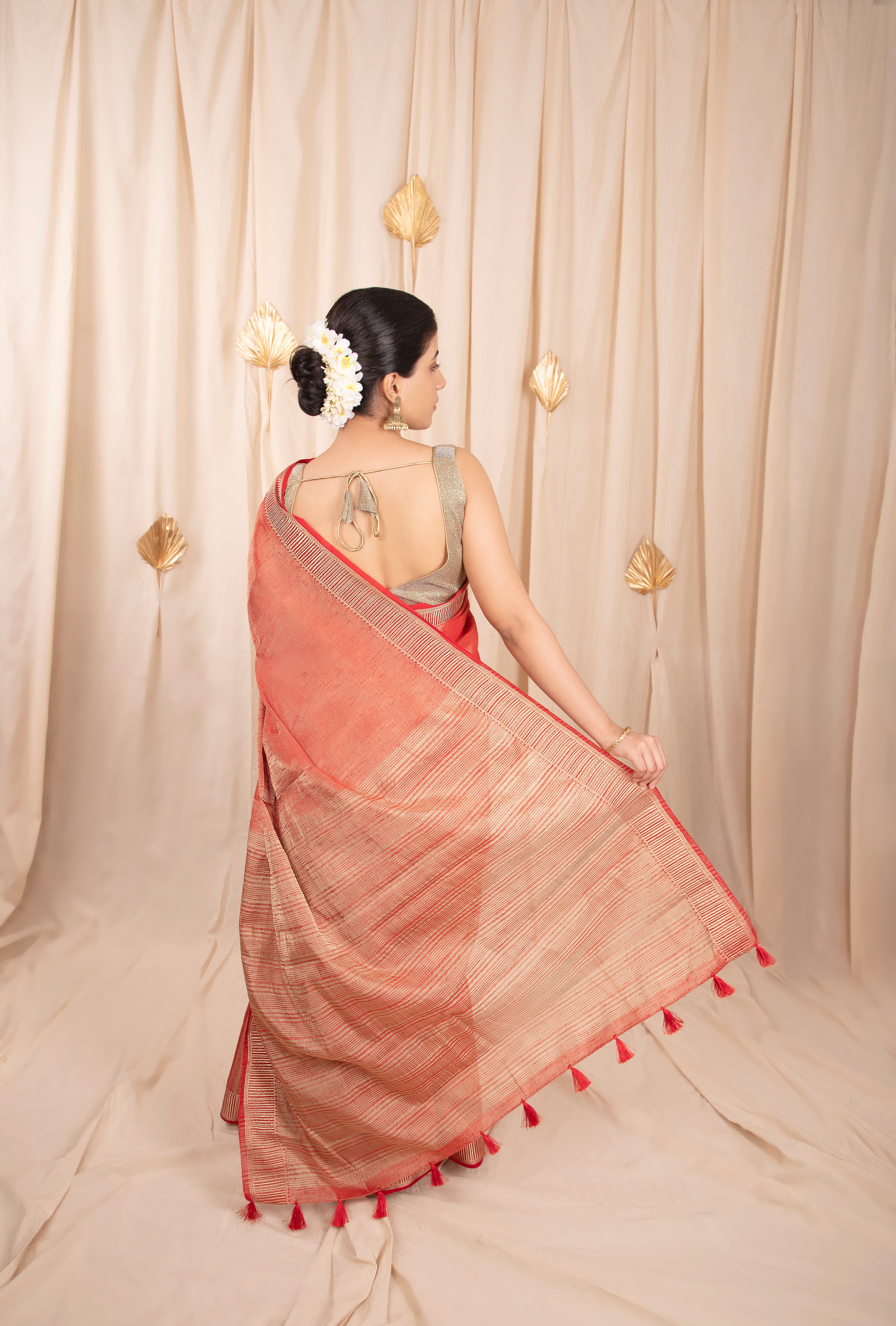 Auspicious Attire Linen Tissue Ready-to-wear Pocket Saree
