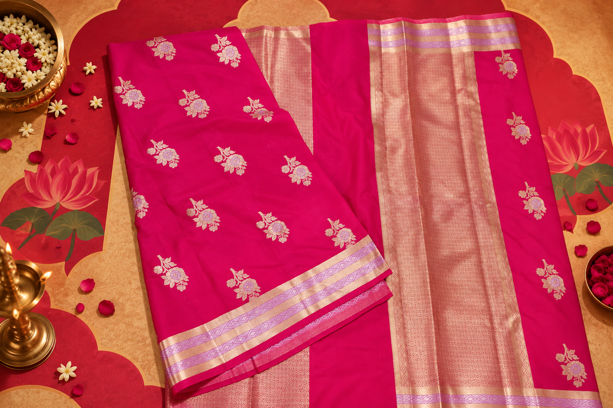 Flat-lay shot of a vivid pink-magenta Katan silk saree showcasing silver-and-gold floral bootis, a wide metallic pallu, and structured geometric border bands.
