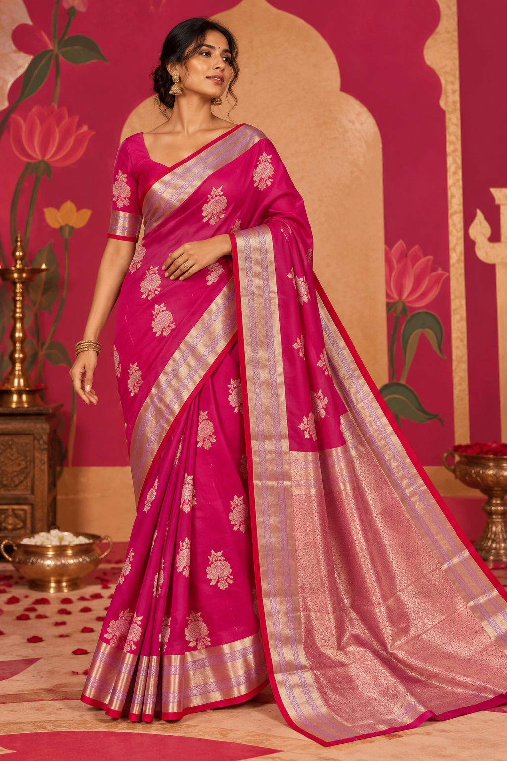 Full-length shot of a model wearing a vivid pink-magenta Katan silk ready-to-wear pocket saree, displaying pre-stitched pleats, spaced silver floral motifs, and a statement pallu.