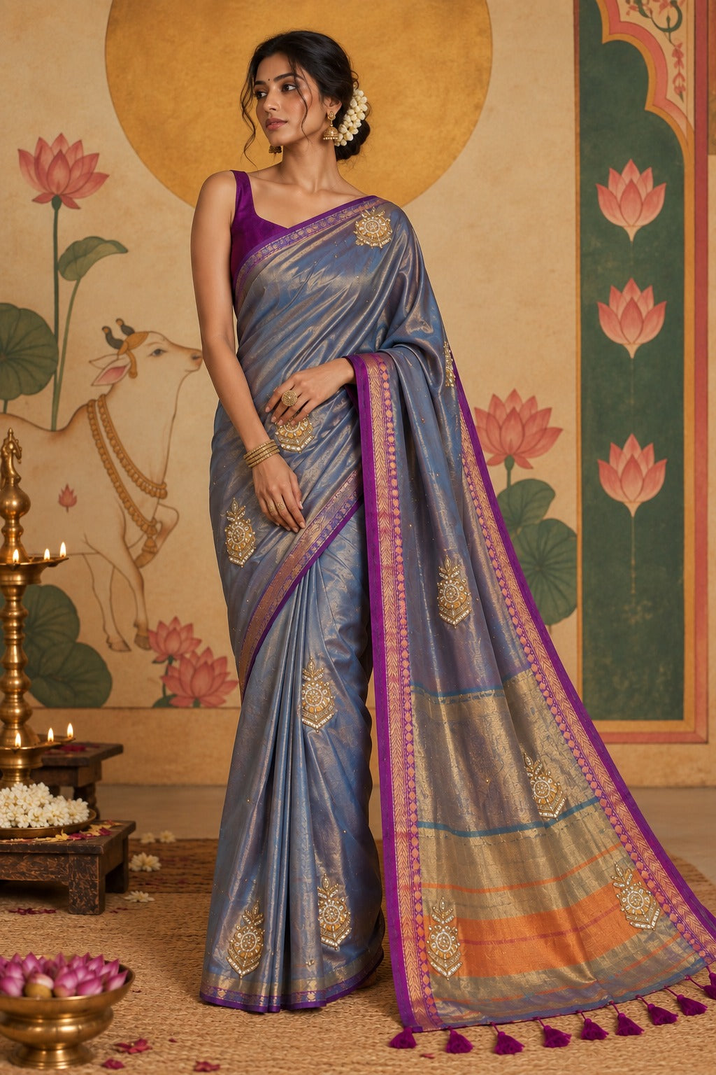 Full-length portrait of a model wearing a muted blue-grey soft silk tissue ready-to-wear pocket saree, displaying pre-stitched pleats, silver-gold bootis, a striped pallu with rust and golden bands, and purple tassels.