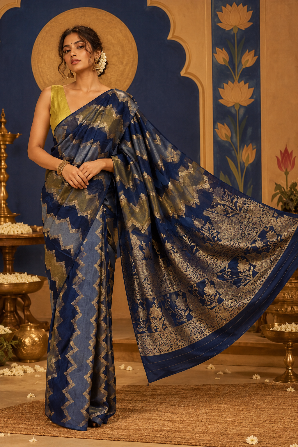 Full-length portrait of a model wearing a deep navy blue Korean viscose silk ready-to-wear pocket saree, showcasing pre-stitched pleats, contrasting geometric zigzag bands, fine vertical lines, and a detailed gold zari floral pallu.