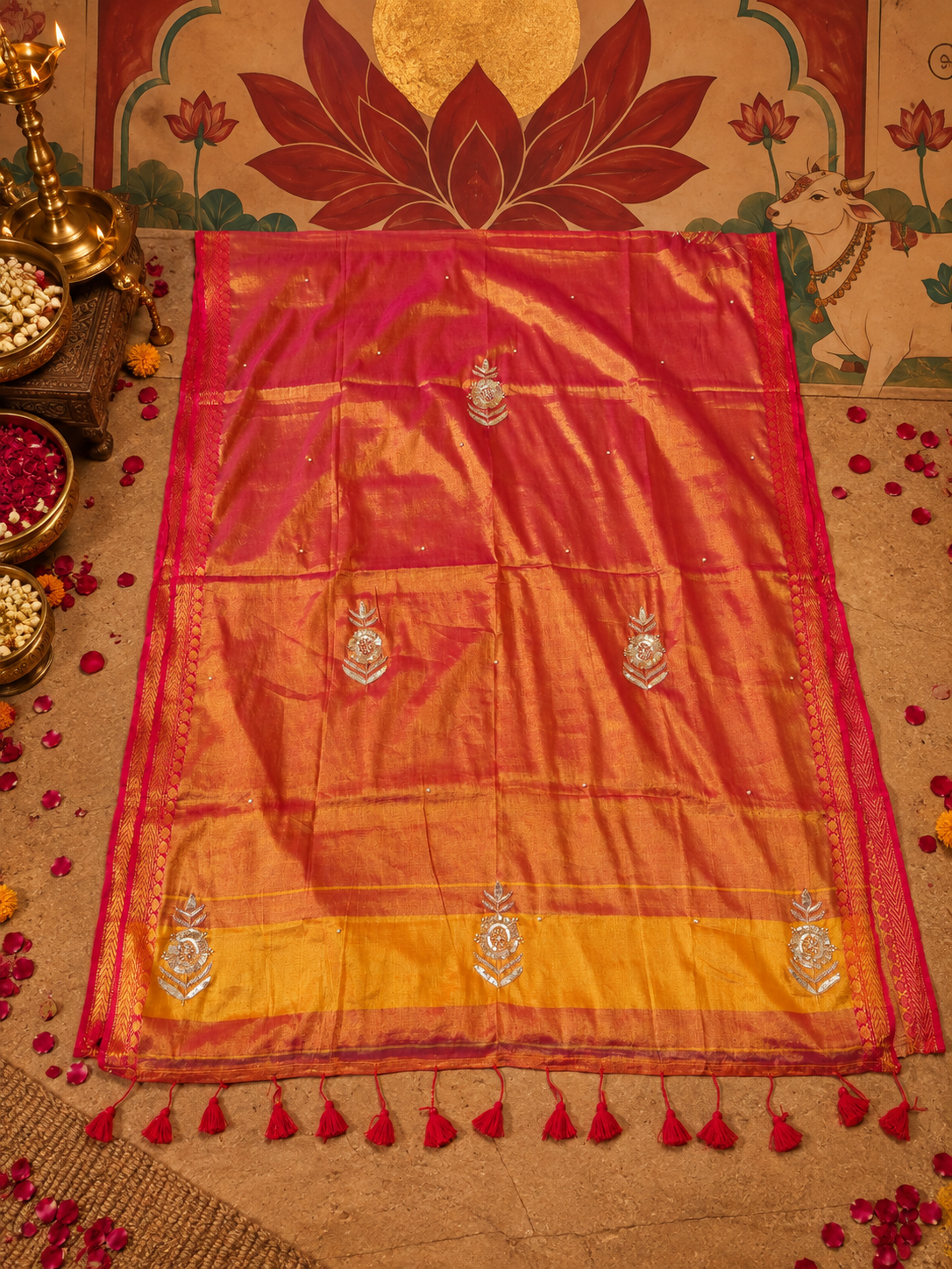 Flat-lay detail view of a festive orange and pink soft silk tissue saree, showcasing delicate silver floral bootis, a contrasting golden-yellow pallu panel with pink tassels, and fine geometric borders.