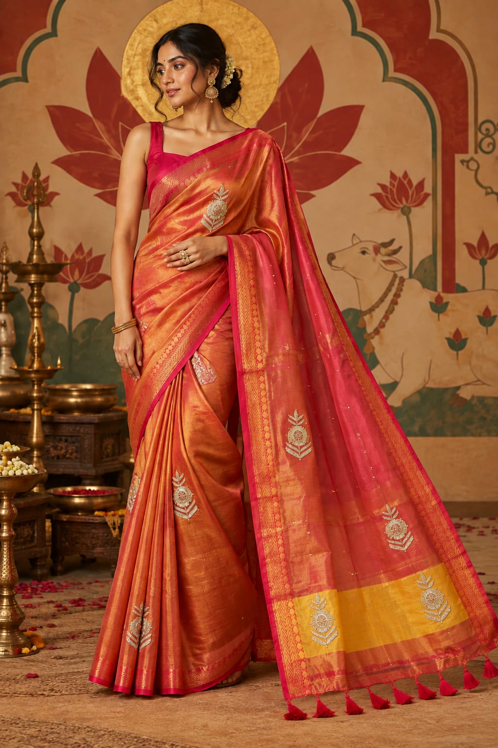 Full-length portrait of a model in a warm orange and vivid pink soft silk tissue ready-to-wear pocket saree, displaying pre-stitched pleats, silver ornamental bootis, a golden-yellow pallu panel, and pink tassels.