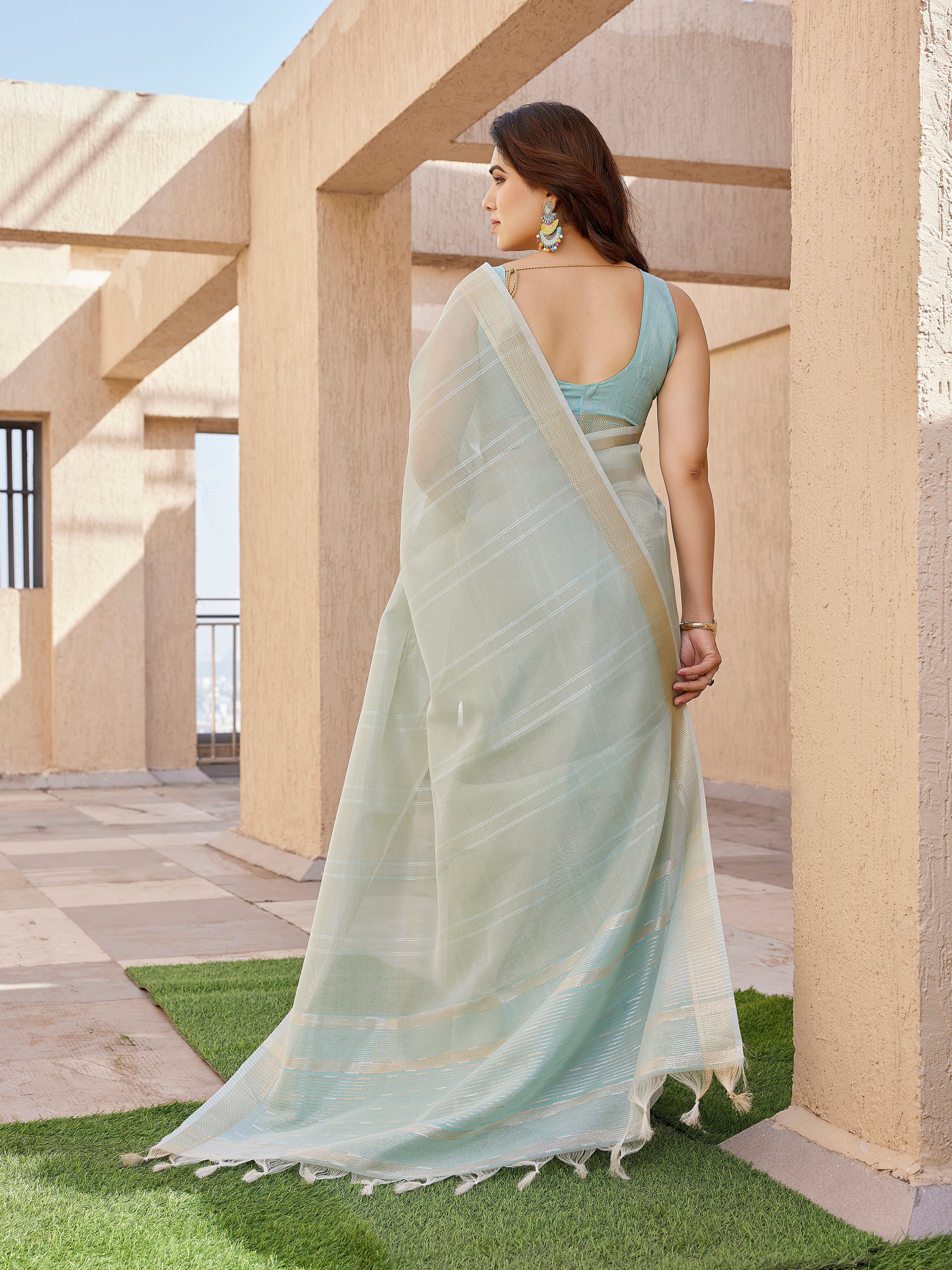 Shimmer Mist Tissue Linen Silk (F) Ready To Wear Pocket Saree