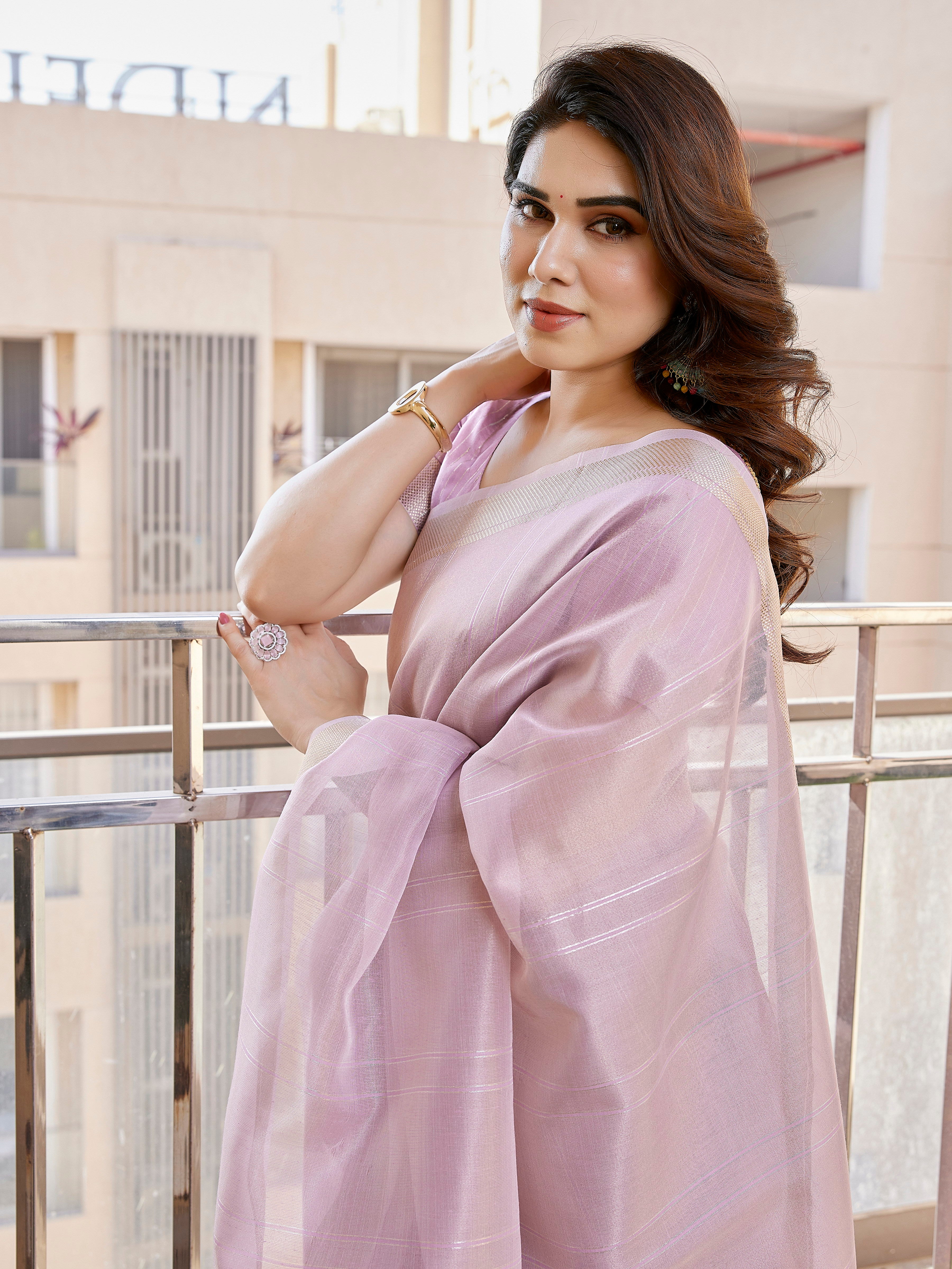 Shimmer Mist Tissue Linen Silk (A) Ready-To-Wear Pocket Saree