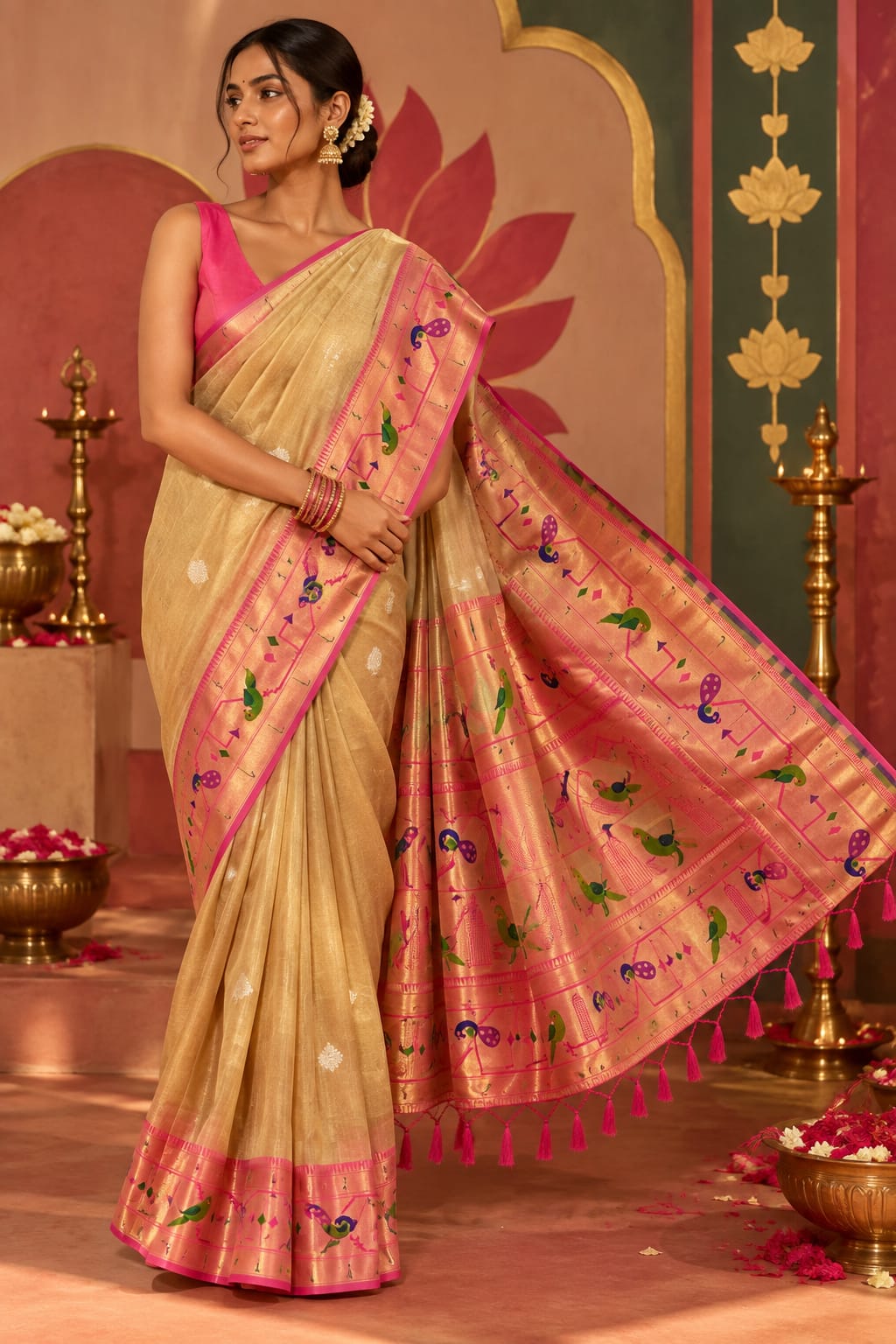 Full-length shot of a model in a soft golden-beige tissue silk ready-to-wear pocket saree showing pre-stitched pleats, Paithani-inspired pink borders with colorful peacock motifs, and pallu with hot pink tassels.