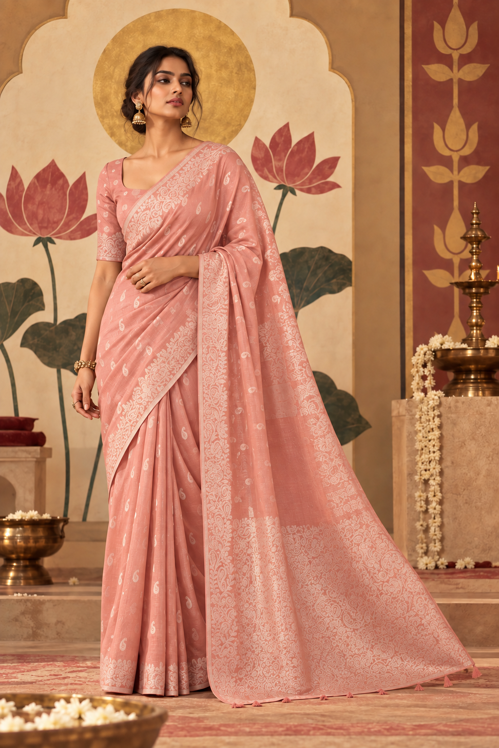 Full-length portrait of a model in a soft blush-pink tissue linen ready-to-wear pocket saree, featuring all-over ivory paisley motifs, pre-stitched pleats, intricate floral borders, and an ornate pallu with delicate edge tassels.