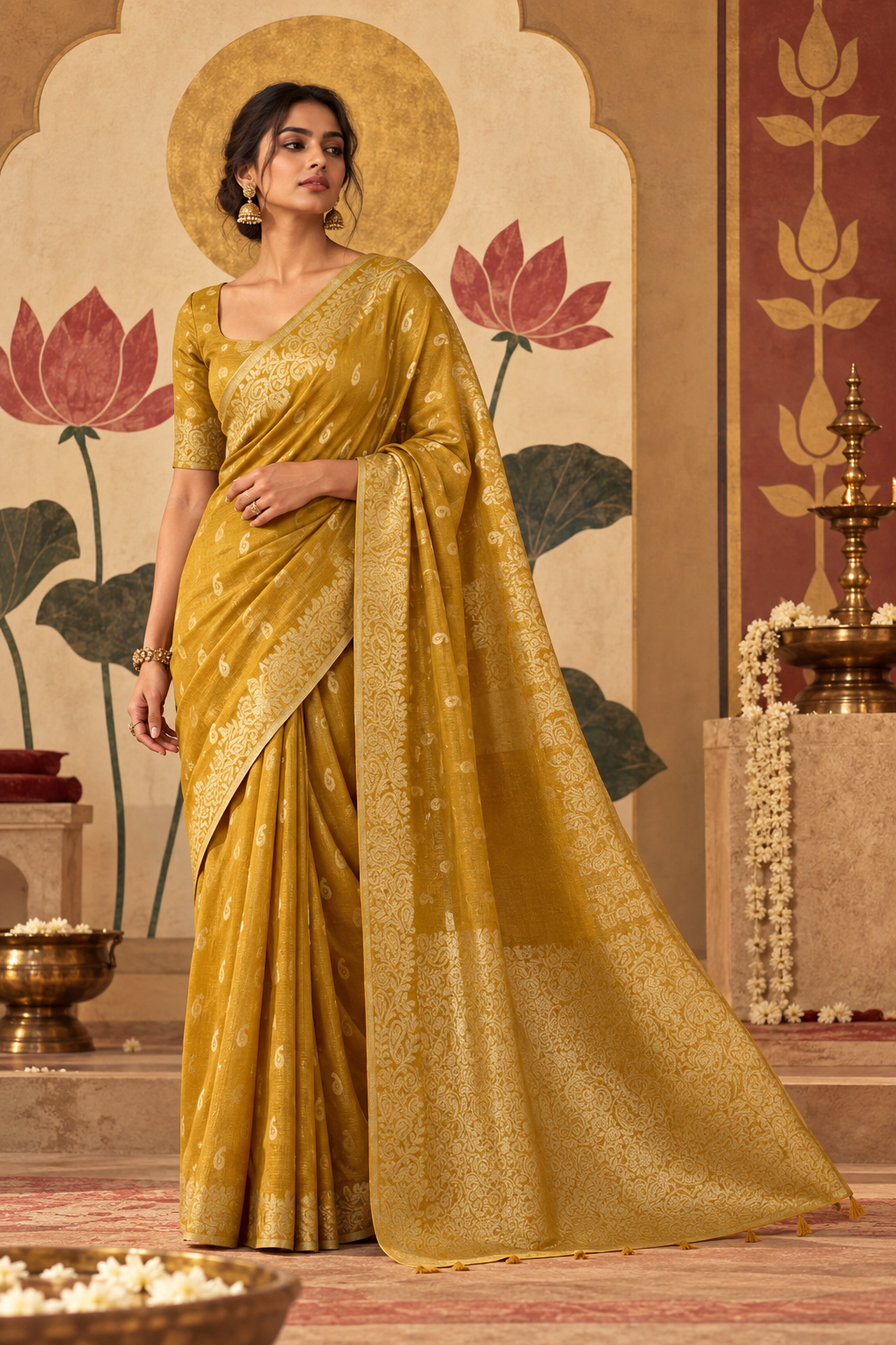 Full-length portrait of a model in a warm mustard tissue linen ready-to-wear pocket saree, featuring all-over ivory paisley motifs, pre-stitched pleats, scrolling floral borders, and a richly patterned pallu with delicate tassels.