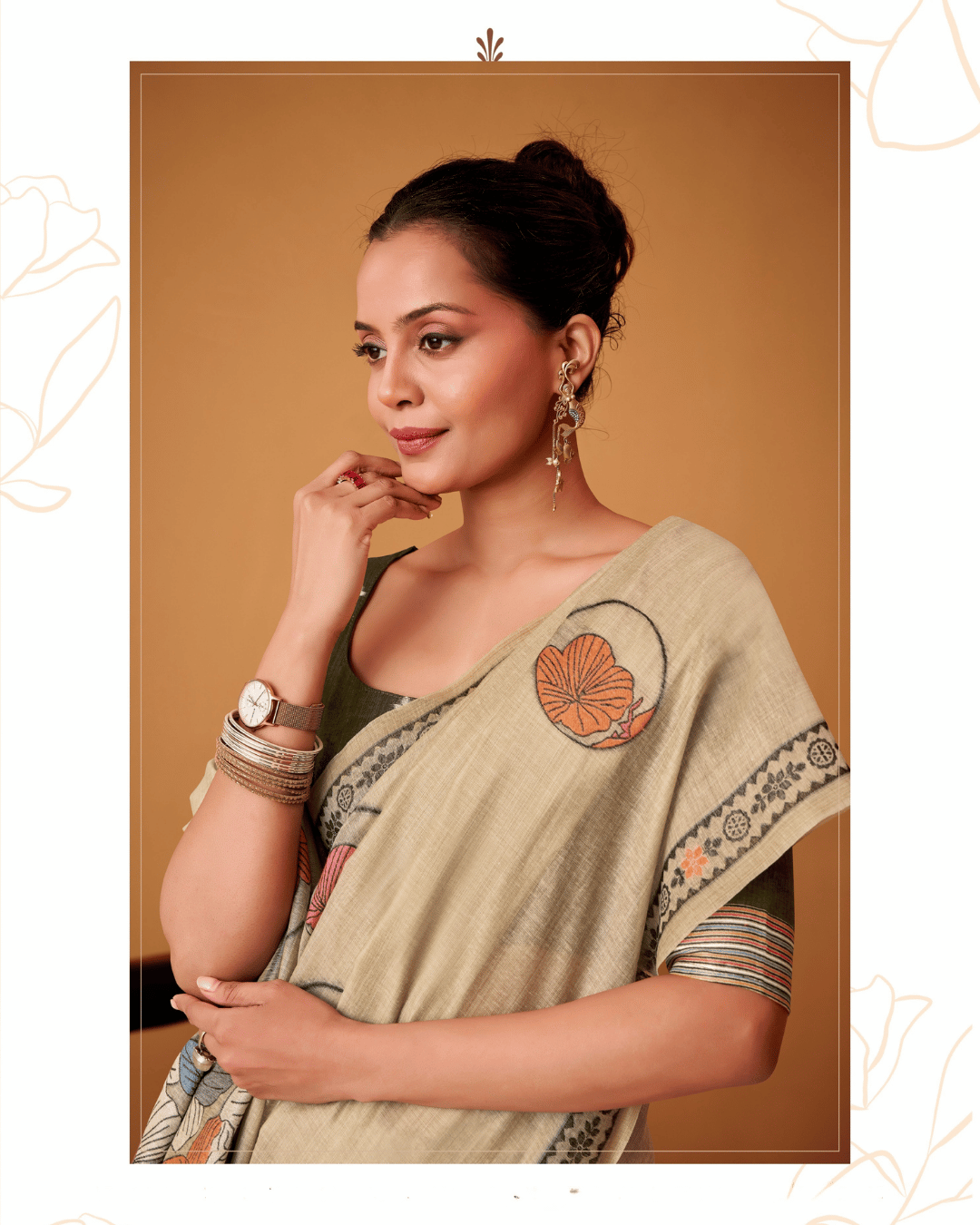 Close-up beauty portrait of the model styled in the Petal Vines ready-to-wear pocket saree, featuring coral floral motifs.