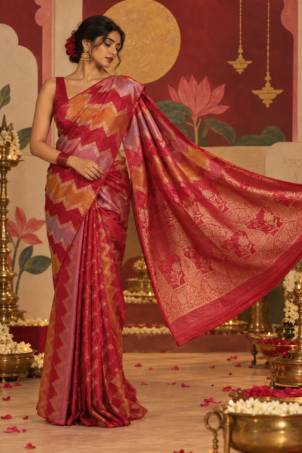 Full-length portrait of a model in the Zigzag Bloom viscose silk ready-to-wear pocket saree in a deep pink-red shade, showcasing pre-stitched pleats, geometric golden zigzag bands, and an elaborate gold zari floral pallu.