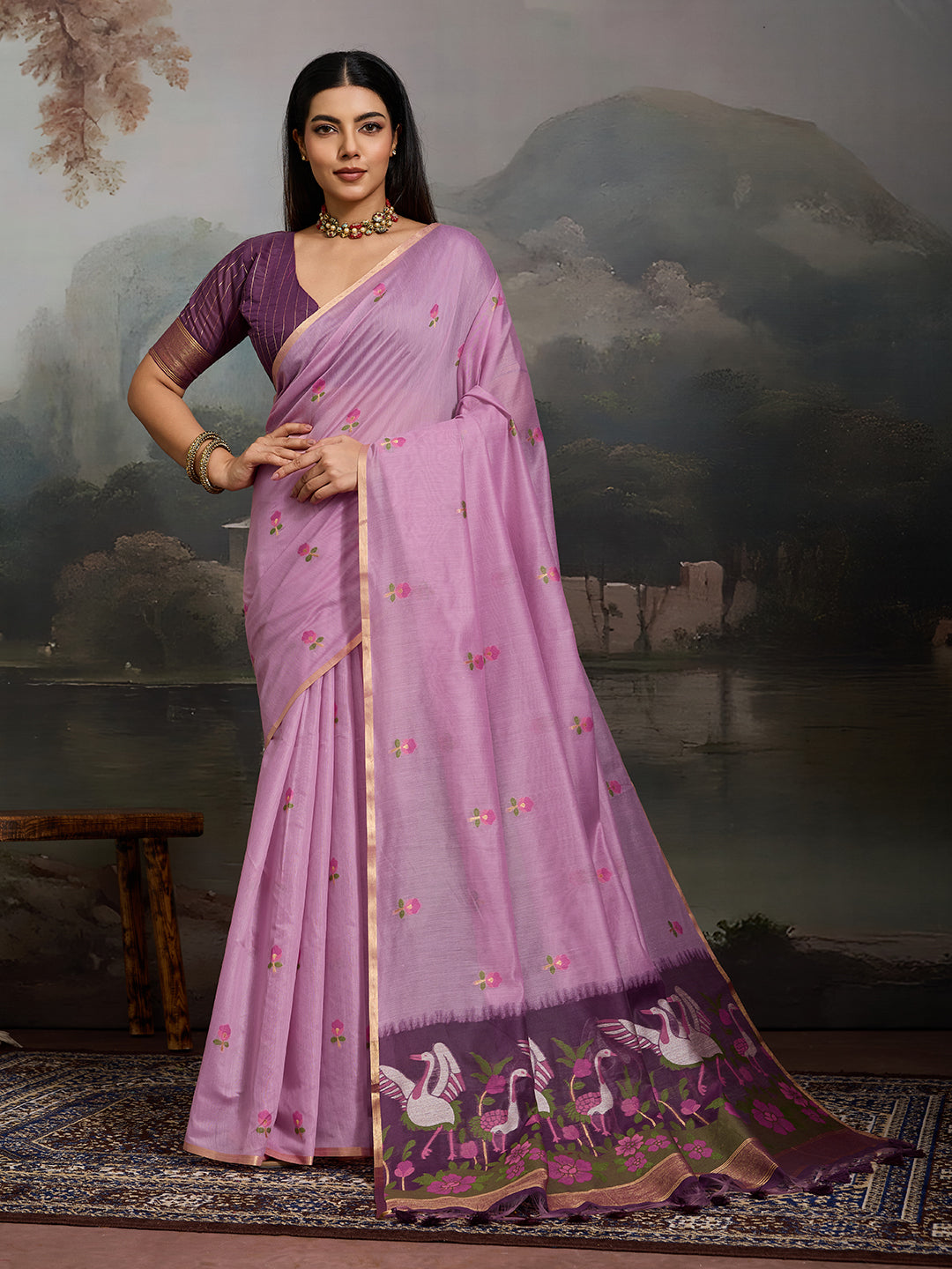 Swanika Cotton Ready To Wear Pocket Saree | Lavender