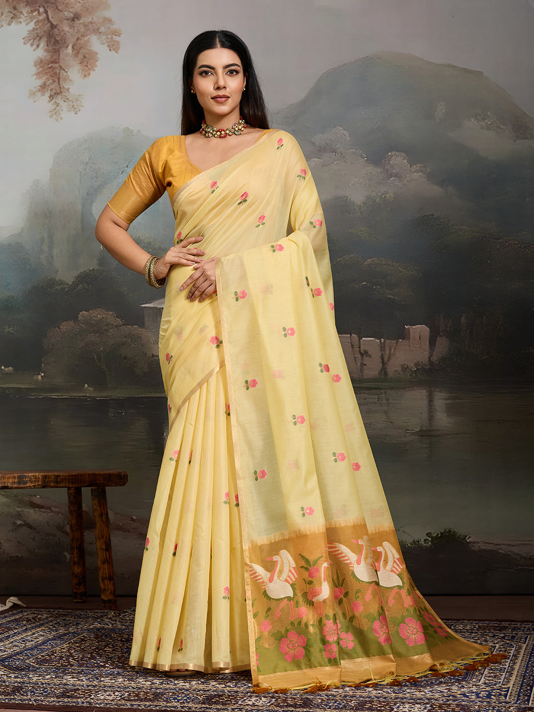 Swanika Cotton Ready To Wear Pocket Saree | Light Yellow