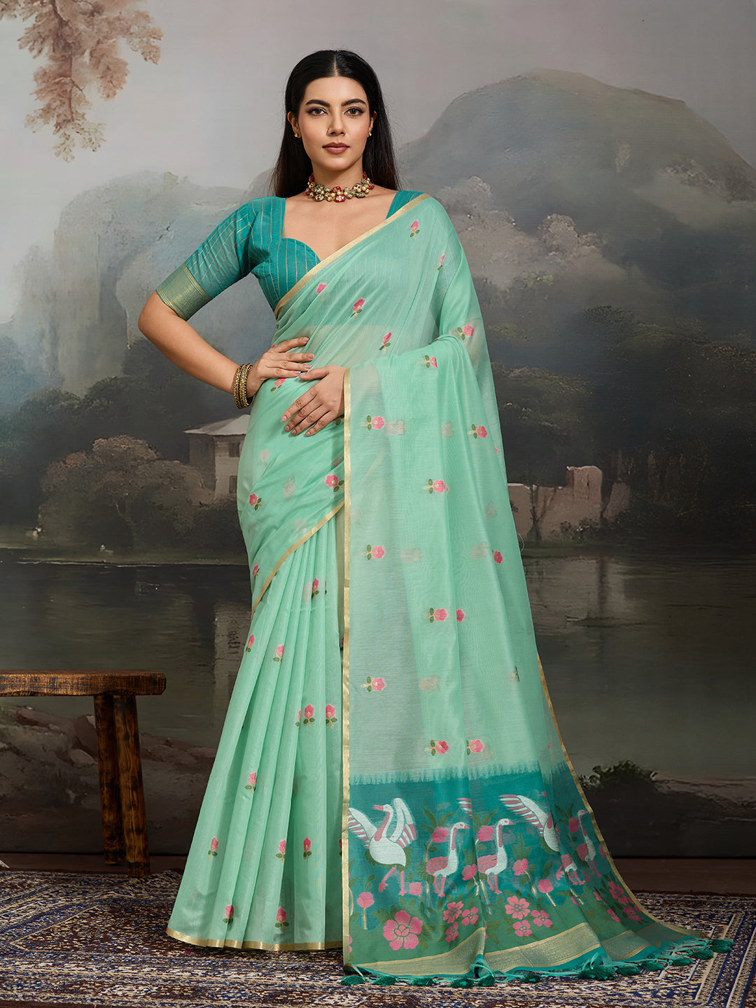 Swanika Cotton Ready To Wear Pocket Saree | Mint Green