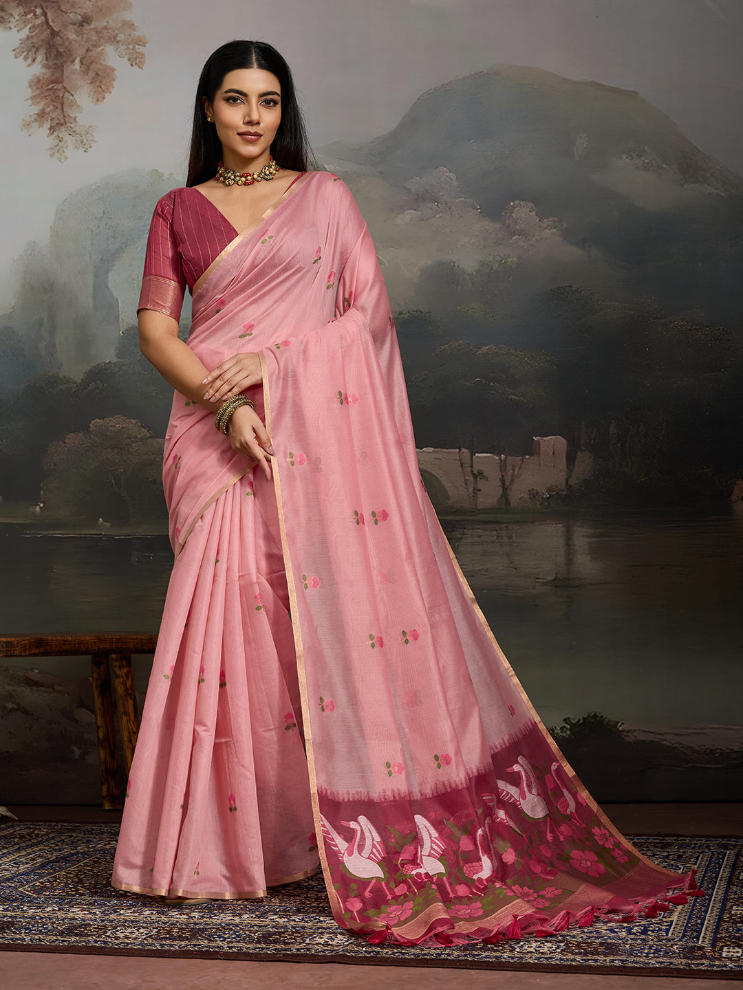 Swanika Cotton Ready To Wear Pocket Saree | Pink