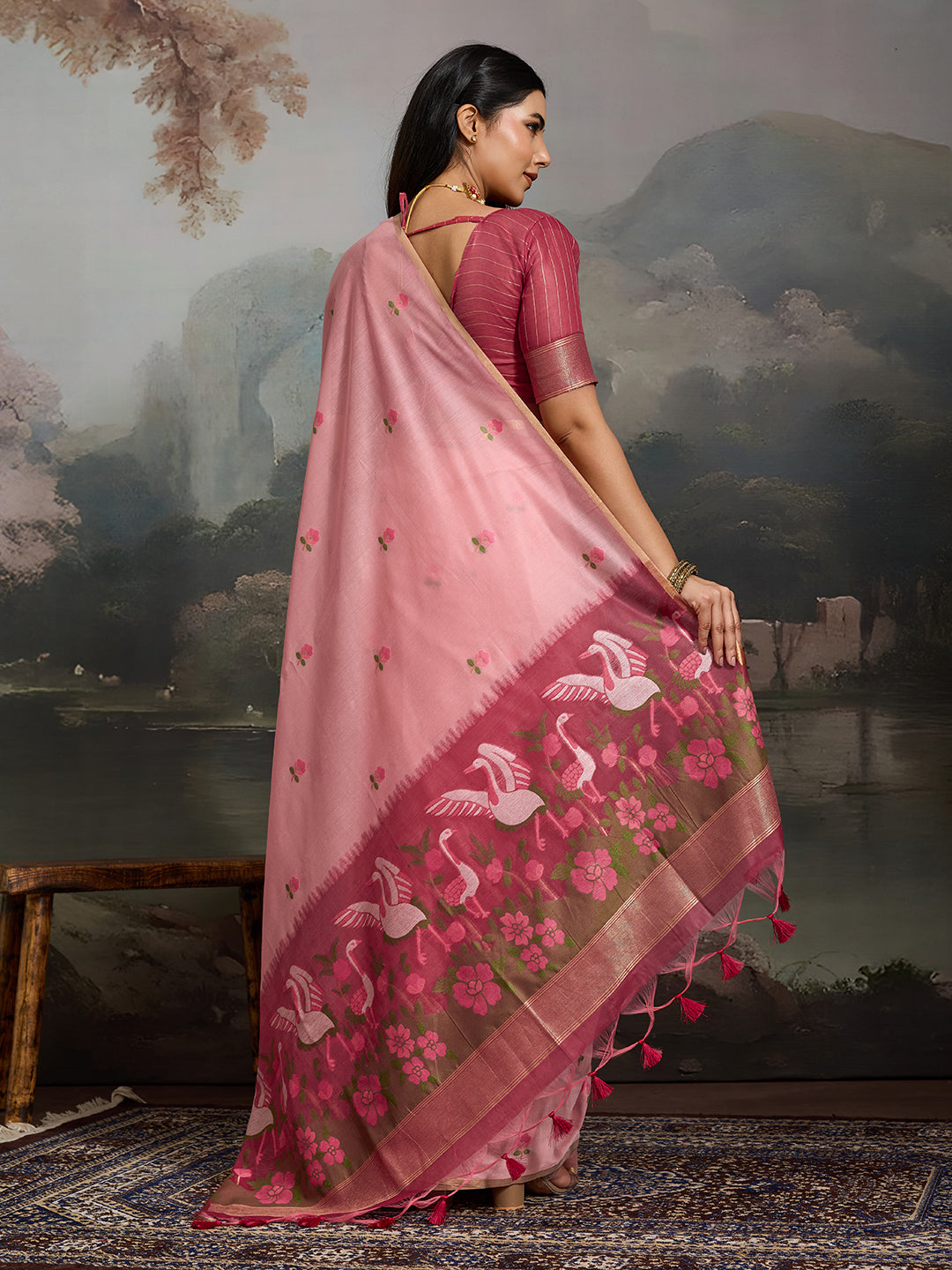 Swanika Cotton Ready To Wear Pocket Saree | Pink
