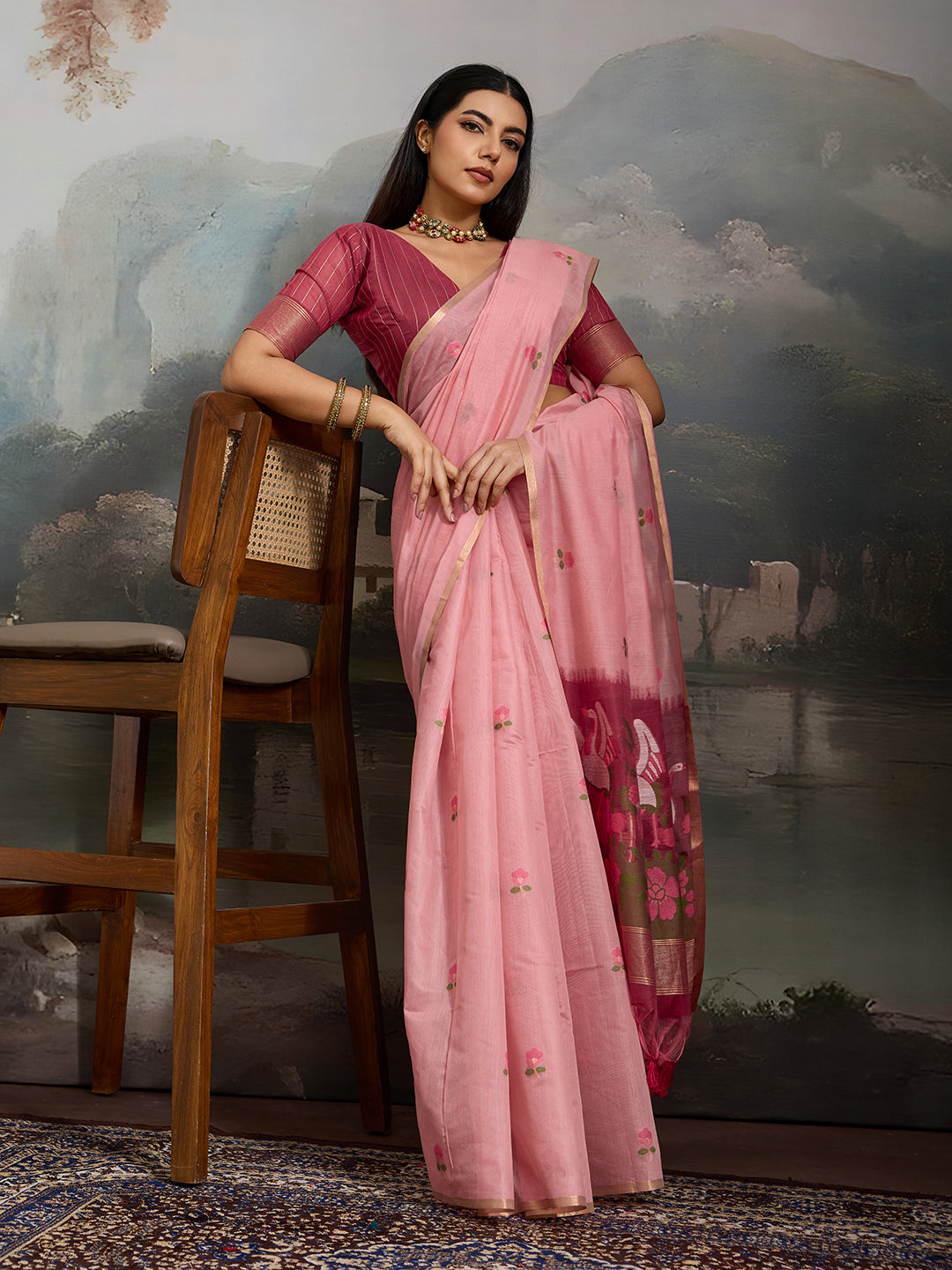 Swanika Cotton Ready To Wear Pocket Saree | Pink