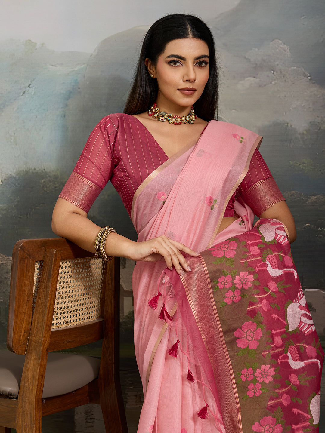 Swanika Cotton Ready To Wear Pocket Saree | Pink