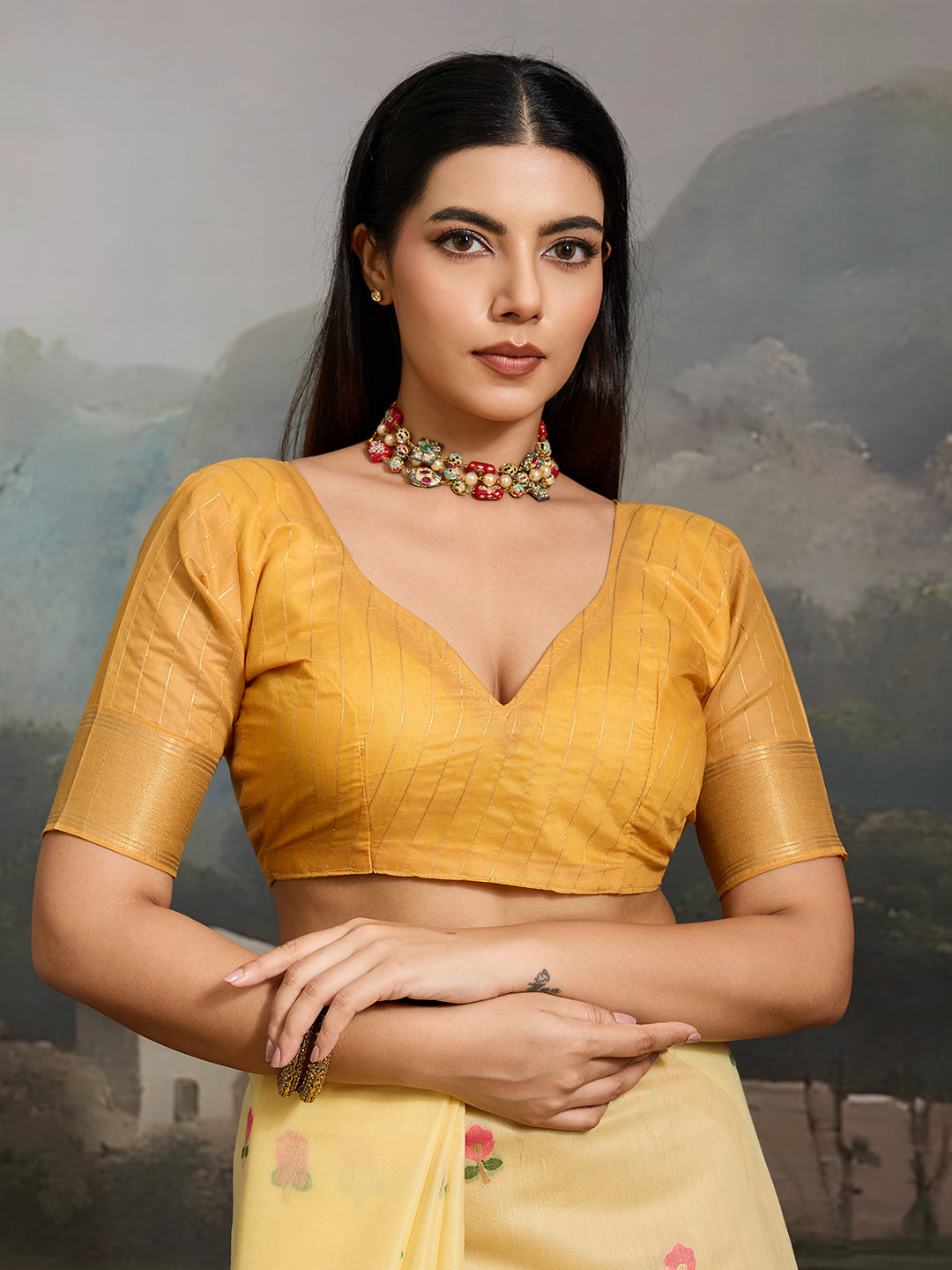 Swanika Cotton Ready To Wear Pocket Saree | Light Yellow