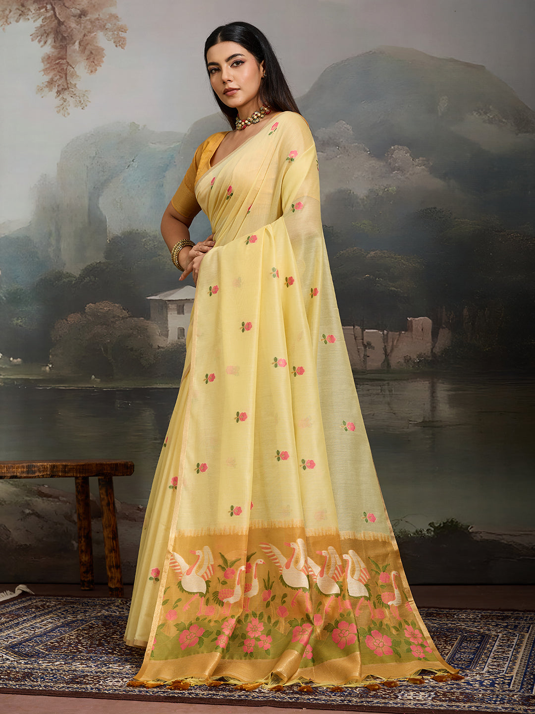 Swanika Cotton Ready To Wear Pocket Saree | Light Yellow