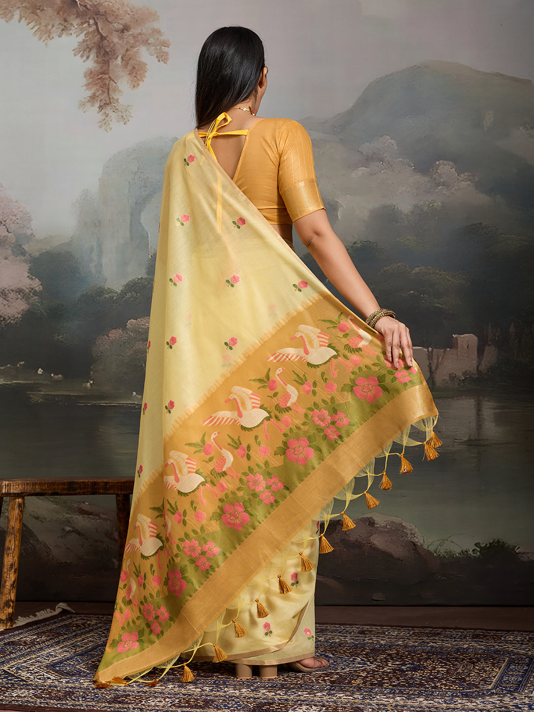 Swanika Cotton Ready To Wear Pocket Saree | Light Yellow